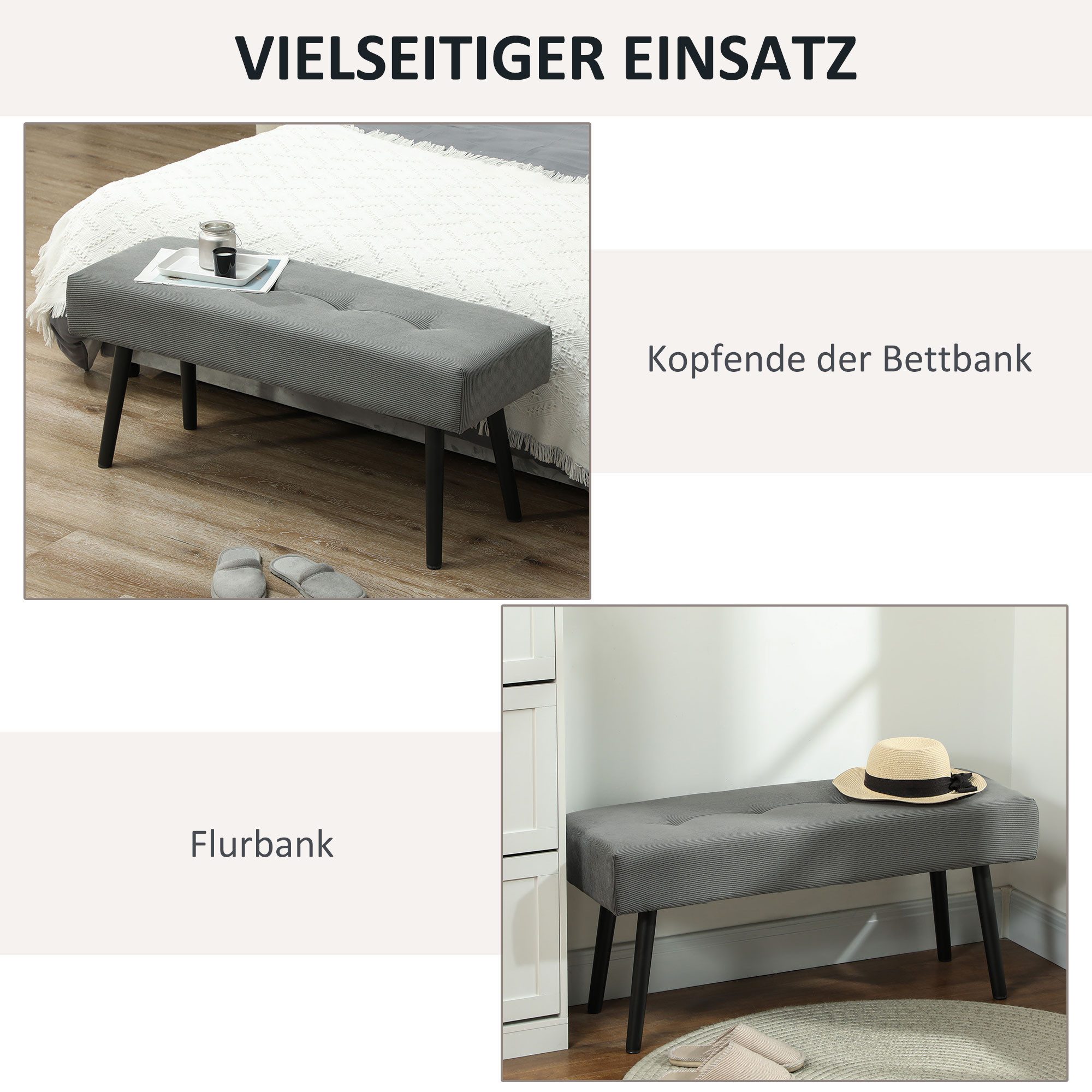 HOMCOM Polsterbank mit Cordbezug, Metallbeine (Schuhbank, 1-St., getuftete Bettbank), für Schlafzimmer, Wohnzimmer, Flur 100 x 36 x 45 cm Grau