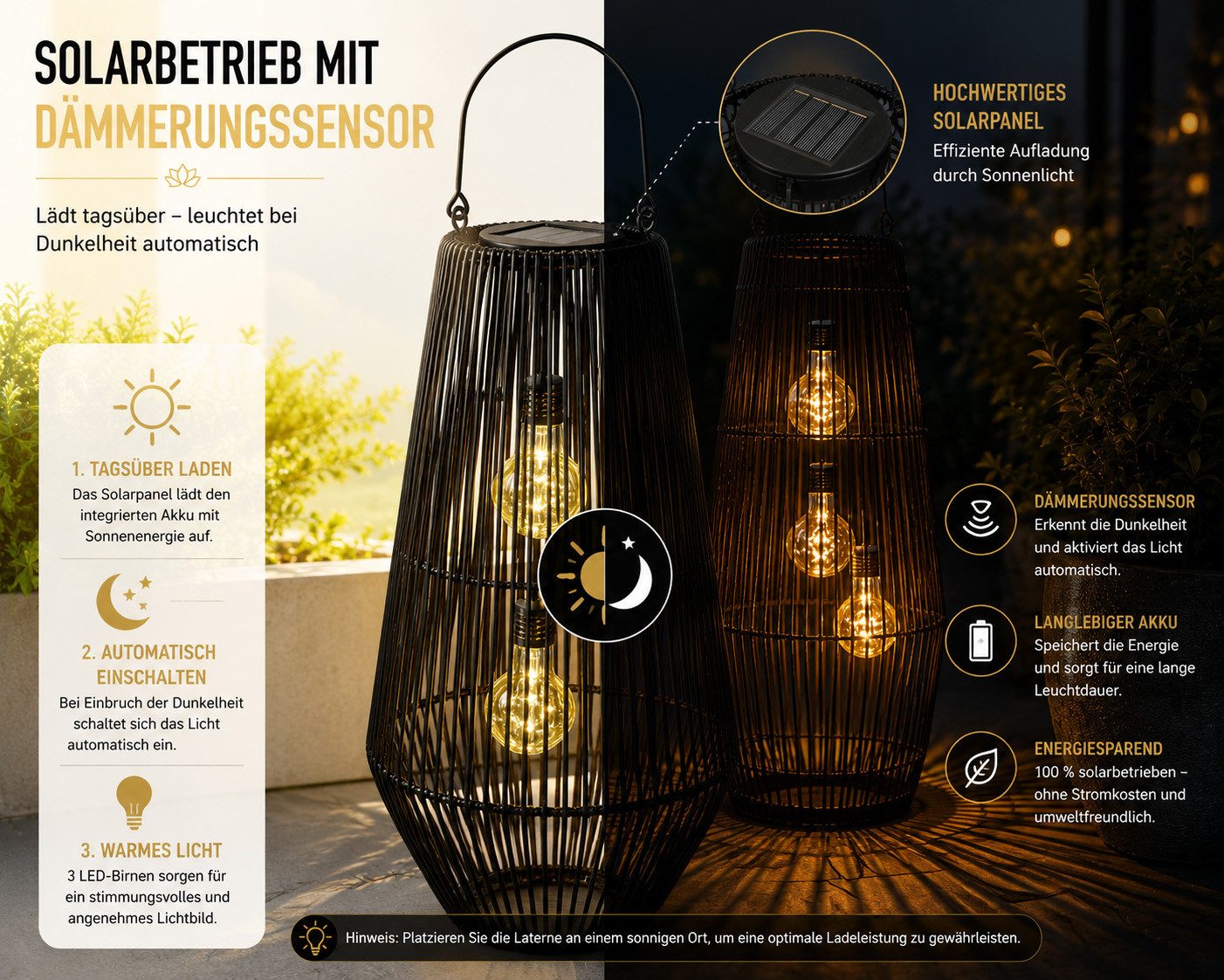 formano LED Laterne Solarlaterne Außen Garten Rattan Look Laterne 55 cm schwarz, LED fest integriert