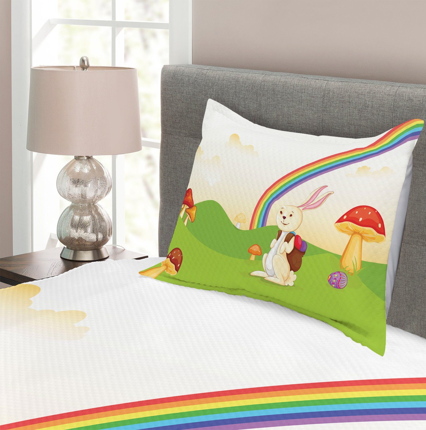 Regenbogen Häschen-Osterei Tagesdecke Kinder Set Waschbar, mit Abakuhaus, Kissenbezügen