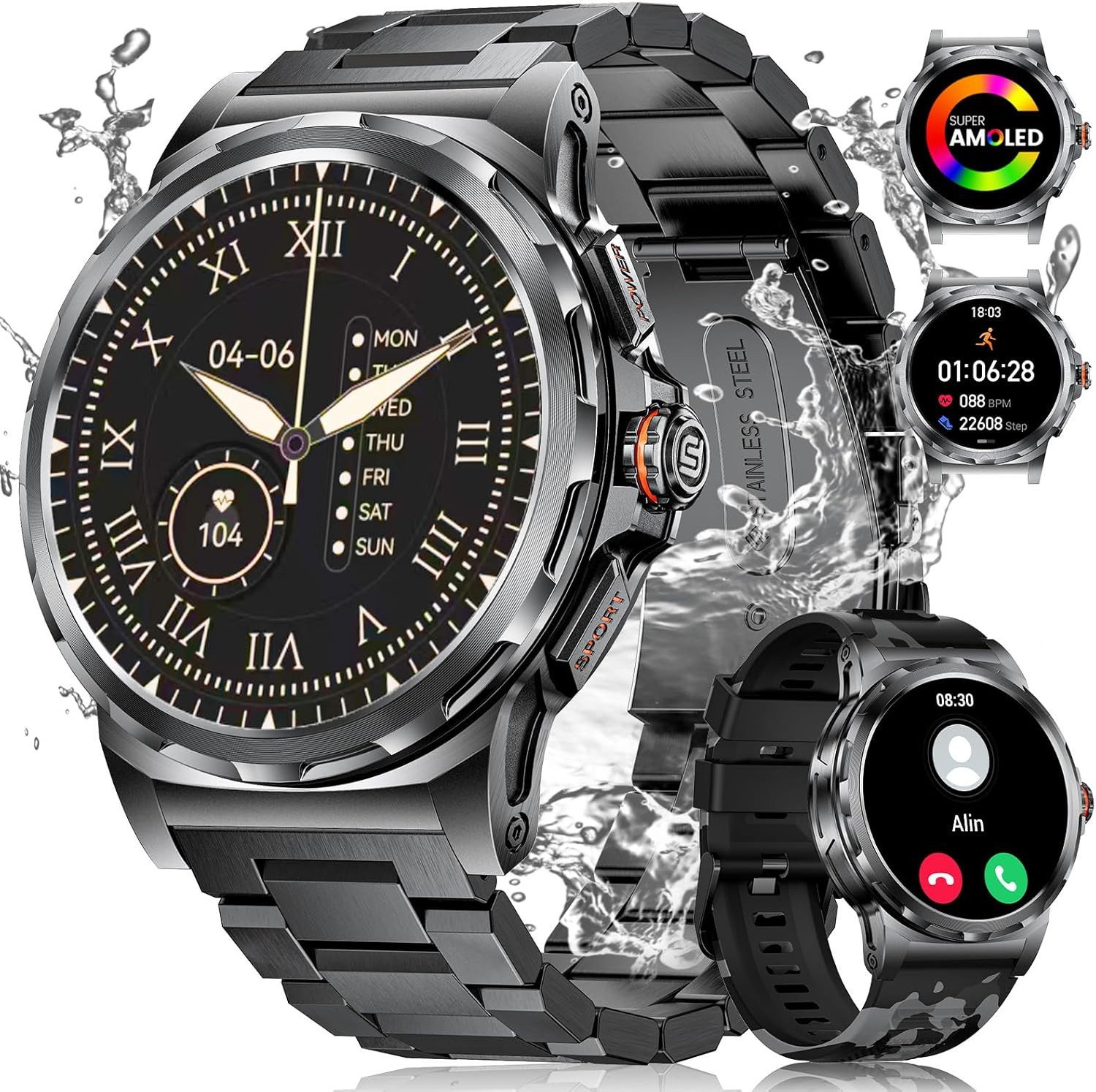 Lige ‎ SML6-Q-E Smartwatch (3,6 cm, android ios), Outdoor Smartwatch mit AMOLED Display Bluetooth Telefonie