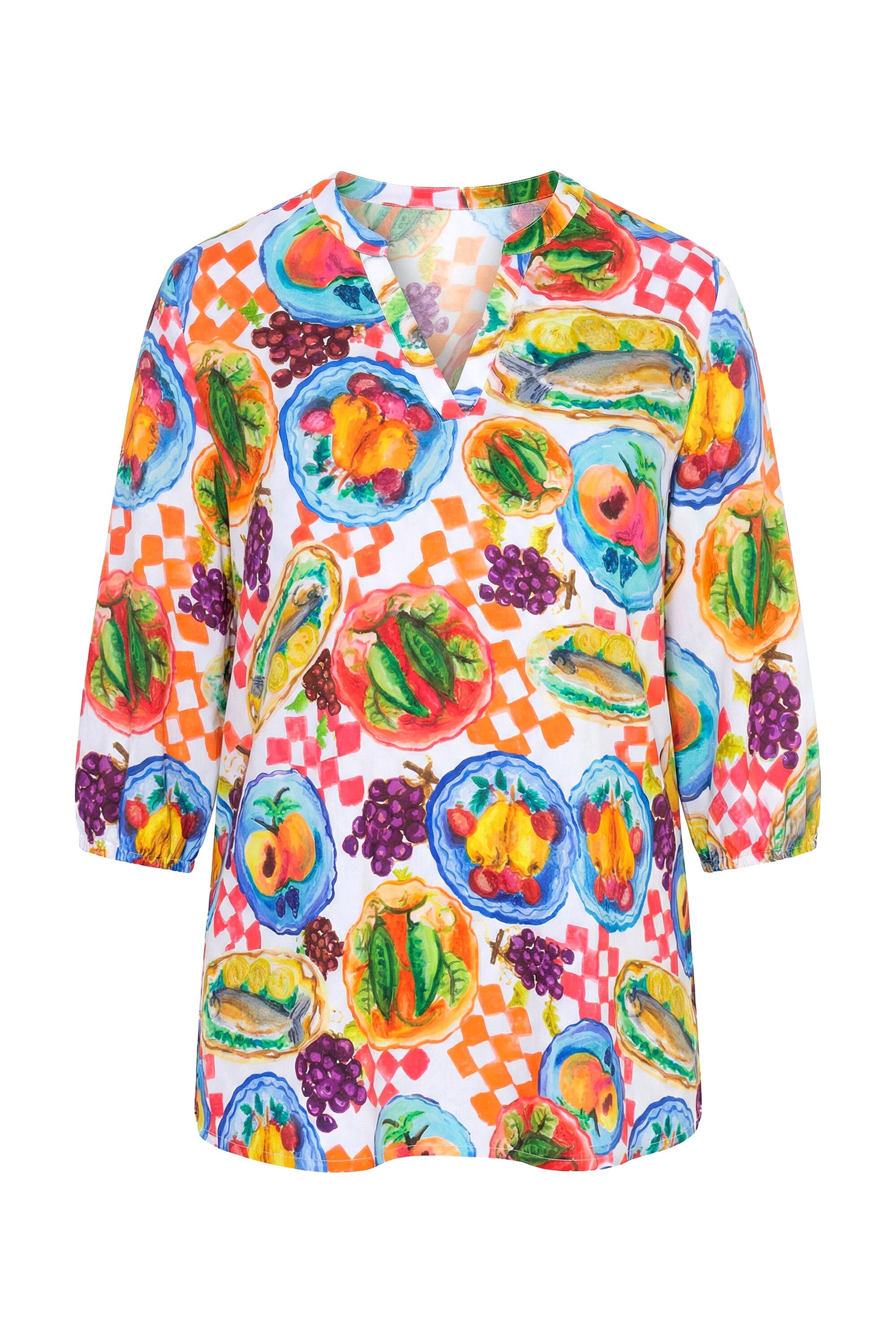Longbluse Bluse A-Linie Essen-Muster Langarm