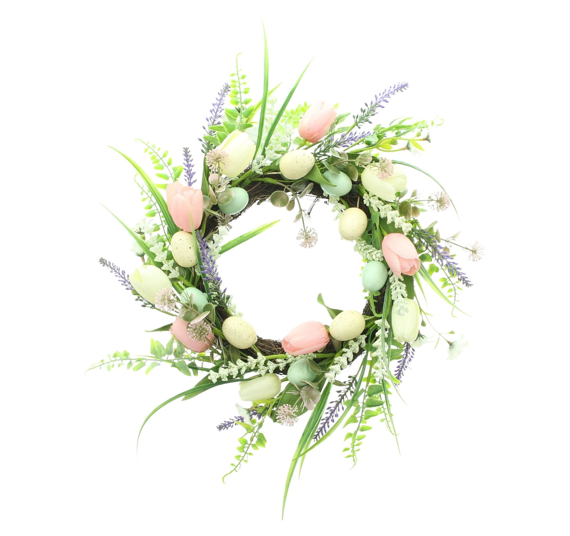 Dekoleidenschaft Osterkranz "Tulpenliebe" Frühlingskranz, Türkranz Frühling & Ostern, Ø 45 cm groß, aus Rattan, Kunstblumen & Kunststoff Eiern
