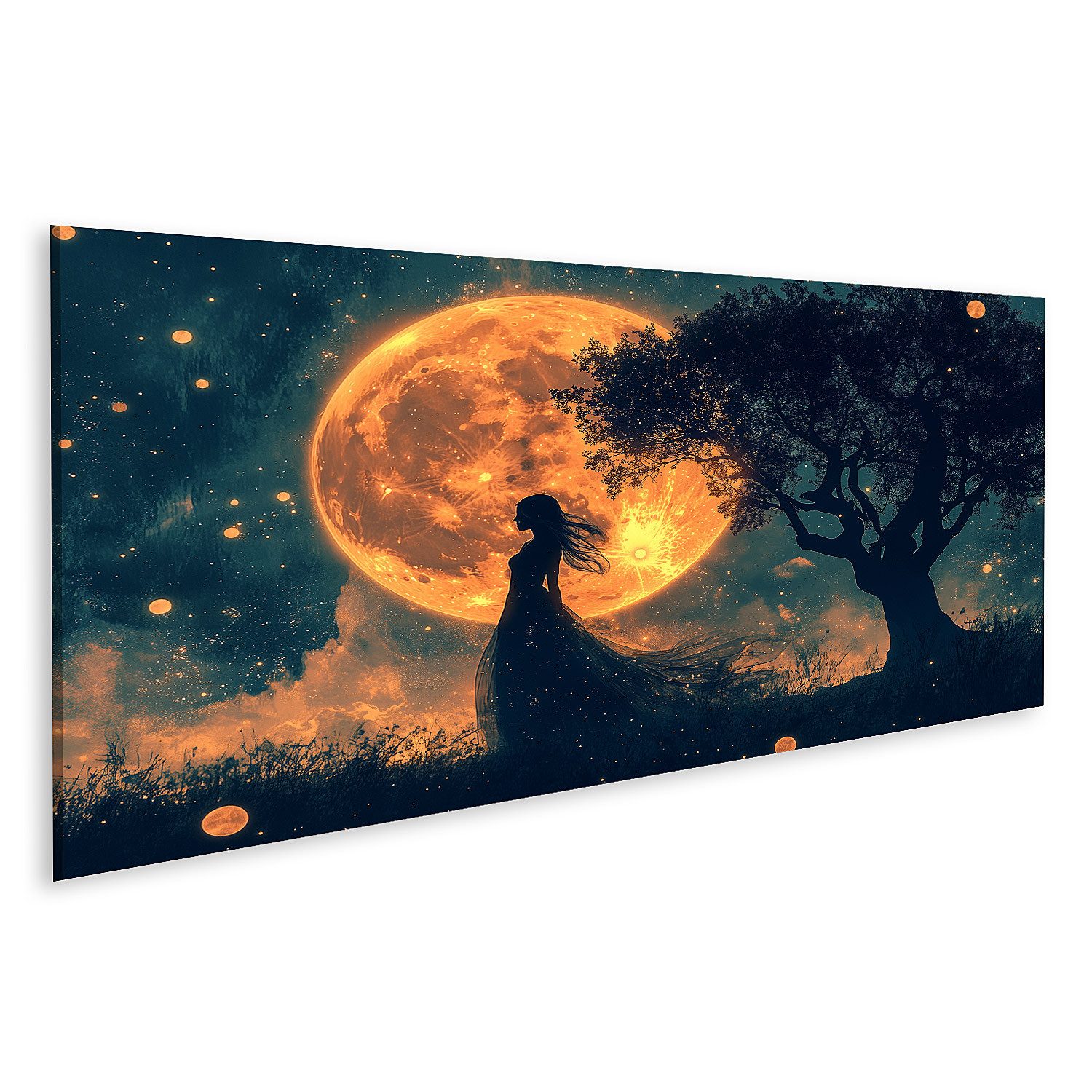 Leinwandbild Silhouette einer Frau vor einem riesigen Mond und einem Baum in magis