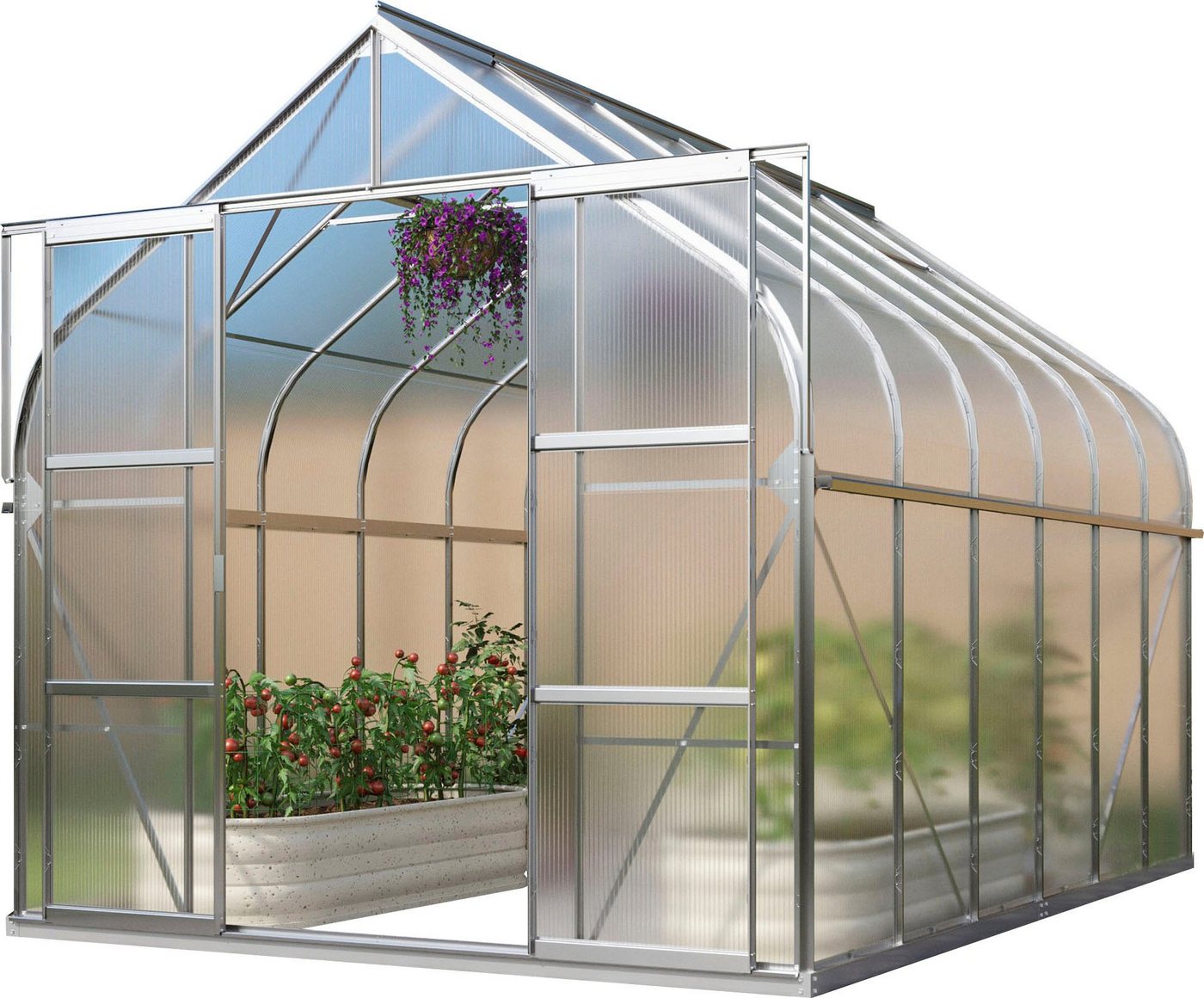 Vitavia Gewächshaus Dione 9900, mit Stahlfundamentramen, BxTxH: 263,5 x 383 x 254,5 cm, 3 mm Wandstärke, Alu-Profile, 3 mm Sicherheitsglas, Kunstglas in den Rundungen silberfarben Vitavia Gewächshaus Dione 9900, mit Stahlfundamentramen, BxTxH: 263,5 x 383 x 254,5 cm, 3 mm Wandstärke, Alu-Profile, 3 mm Sicherheitsglas, Kunstglas in den Rundungen silberfarben