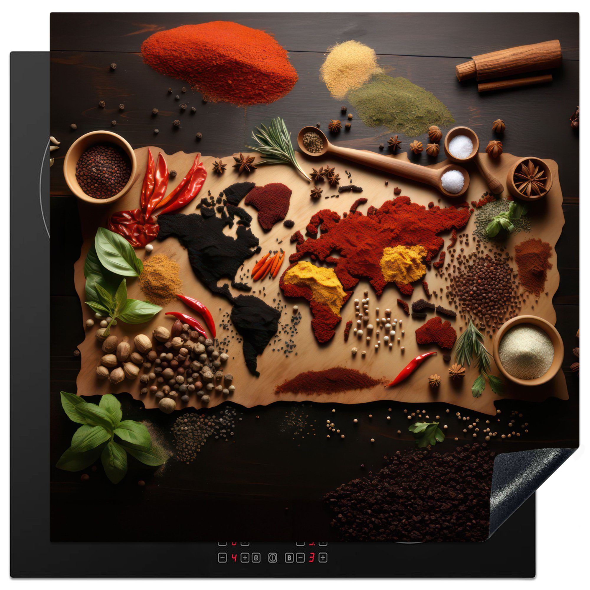 MuchoWow Herd-Abdeckplatte Kräuter - Gewürze - Weltkarte - Braun - Löffel - Farbenfroh, Vinyl, (1 tlg), Küche Herdabdeckung Ceranfeld Induktionsfeld Vinyl, 60x60 cm