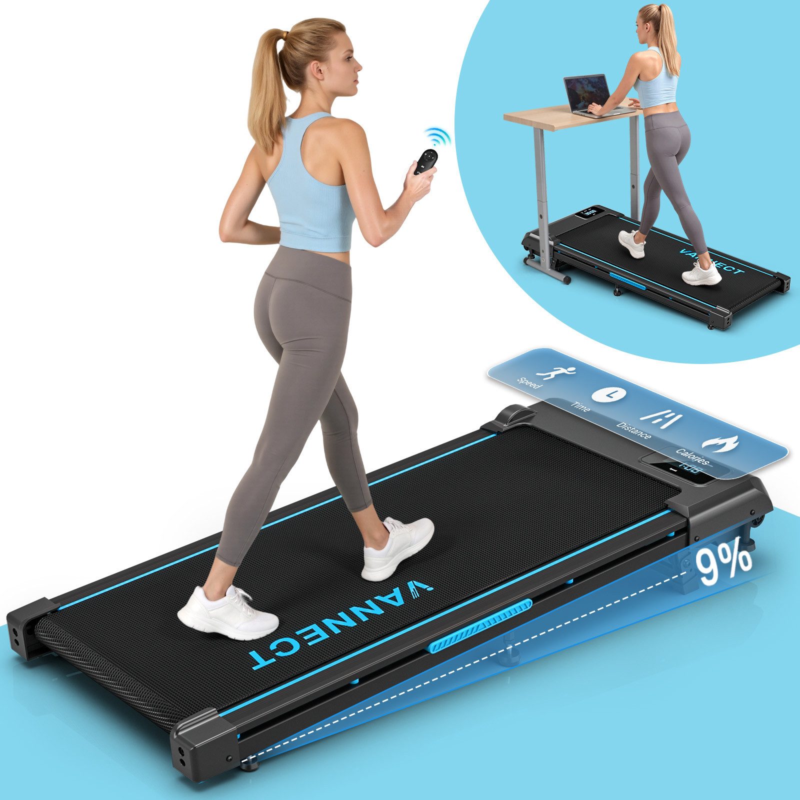 VANNECT Laufband Walking Pad für Zuhause mit Steigung und LED-Anzeige, Fernbedienung, 2,75HP Tragbares Laufband, keine Montage Erforderlich