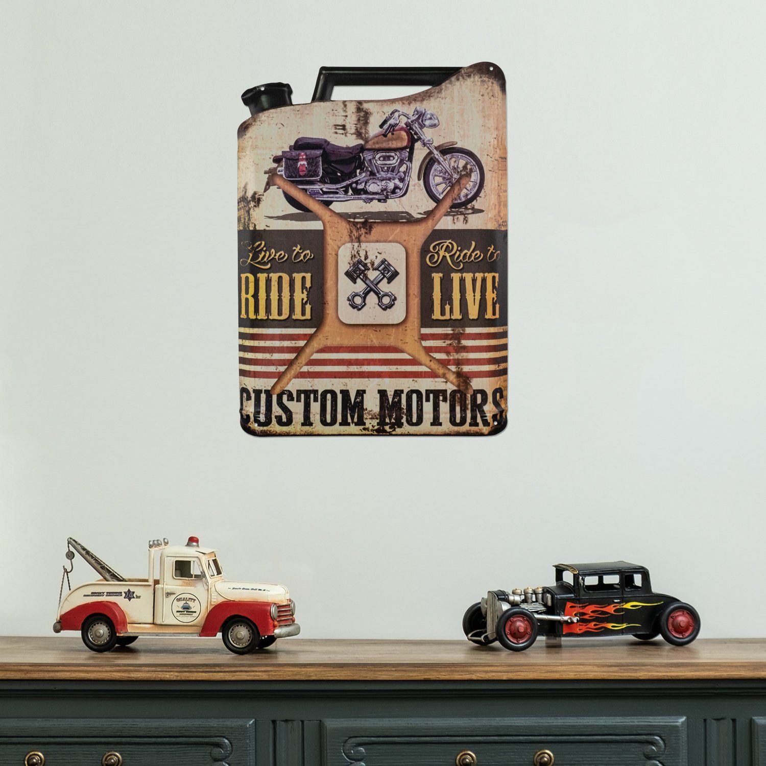 Moritz Metallschild Motorrad Benzin Öl Kanister Live to Ride, Vintage Retro Deko Schild Metallschild Wandbild Schild