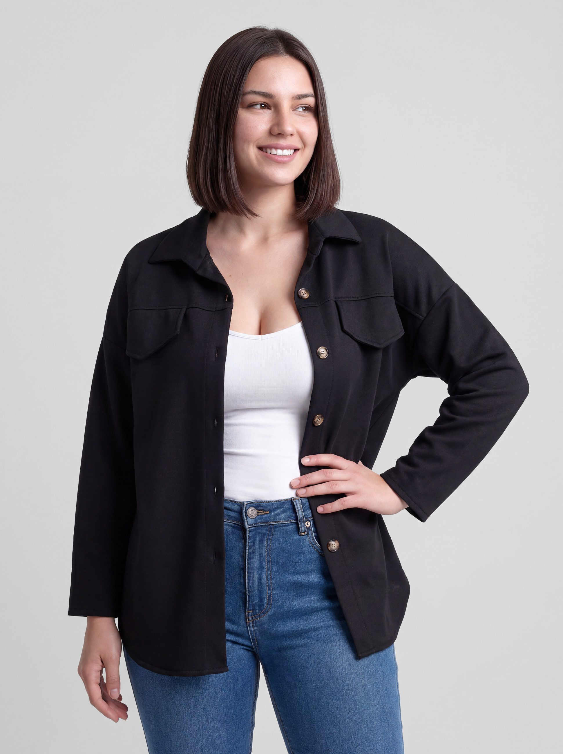 PEKIVESSA Hemdbluse Jersey-Bluse Langarm Blusenjacke aus elastischem Jerseystoff