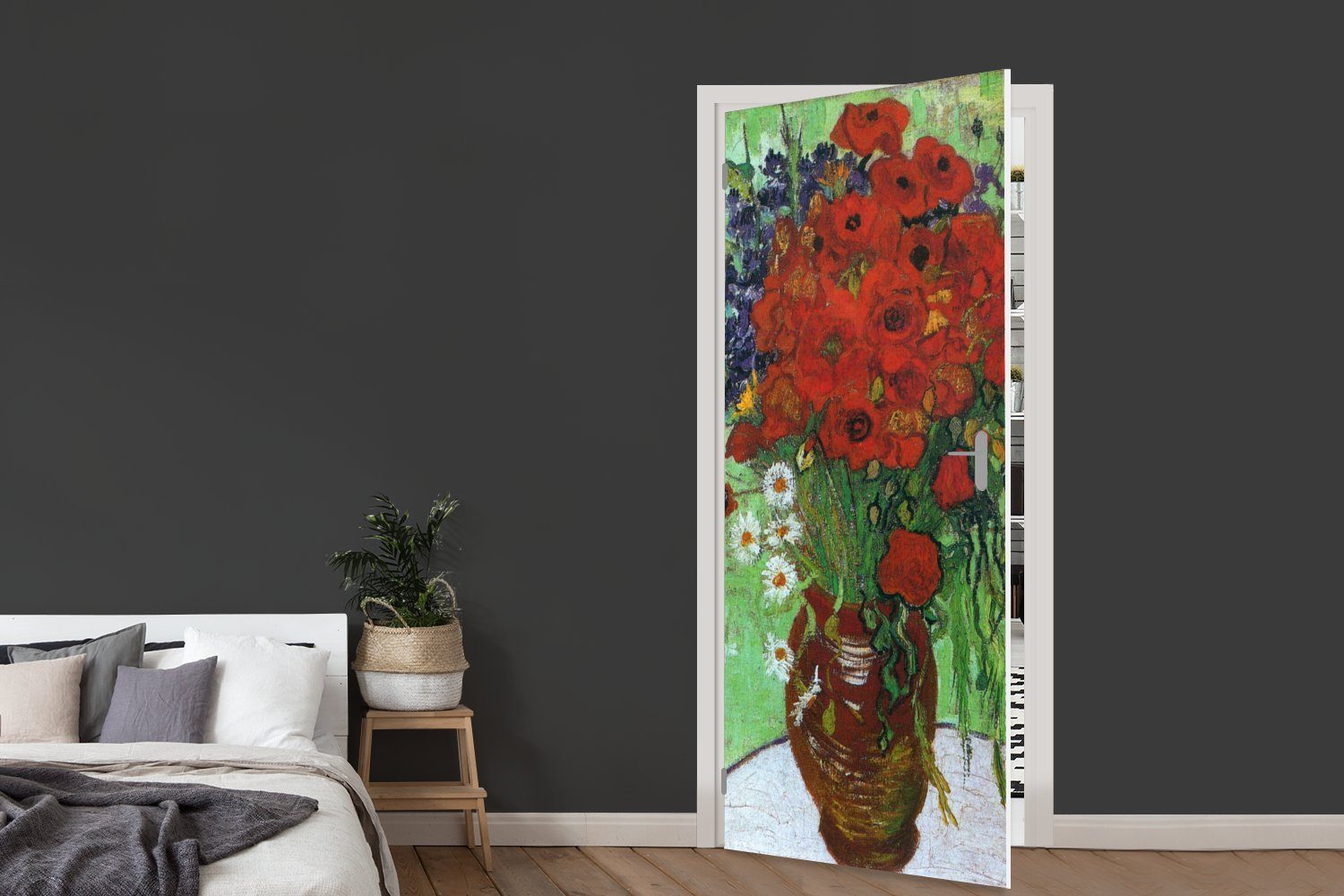 (1 Vincent für - St), und Matt, van Gänseblümchen Gogh, roten Tür, Vase bedruckt, mit Türtapete MuchoWow cm Mohnblumen Fototapete Türaufkleber, 75x205