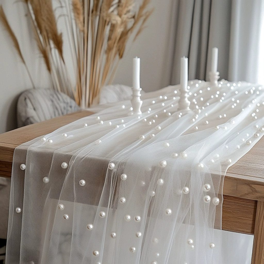 Agger Tischläufer Eleganter Tischläufer,Perlenverzierter Tischläufer aus Netz Tüllstoff, Tischdecke für Boho-Hochzeit, Geburtstagsfeier,0.75*3m,transparent
