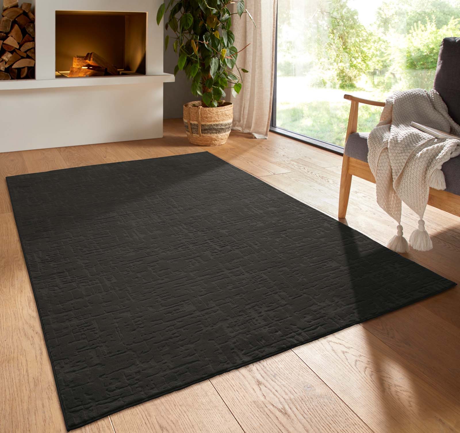 TaCa Home Teppich Kurzflor Teppich Hasenfell Optik, rund, Höhe: 10 mm, Wohnzimmer, Esszimmer, Vintage Anthrazit - 80 x 80 cm rund