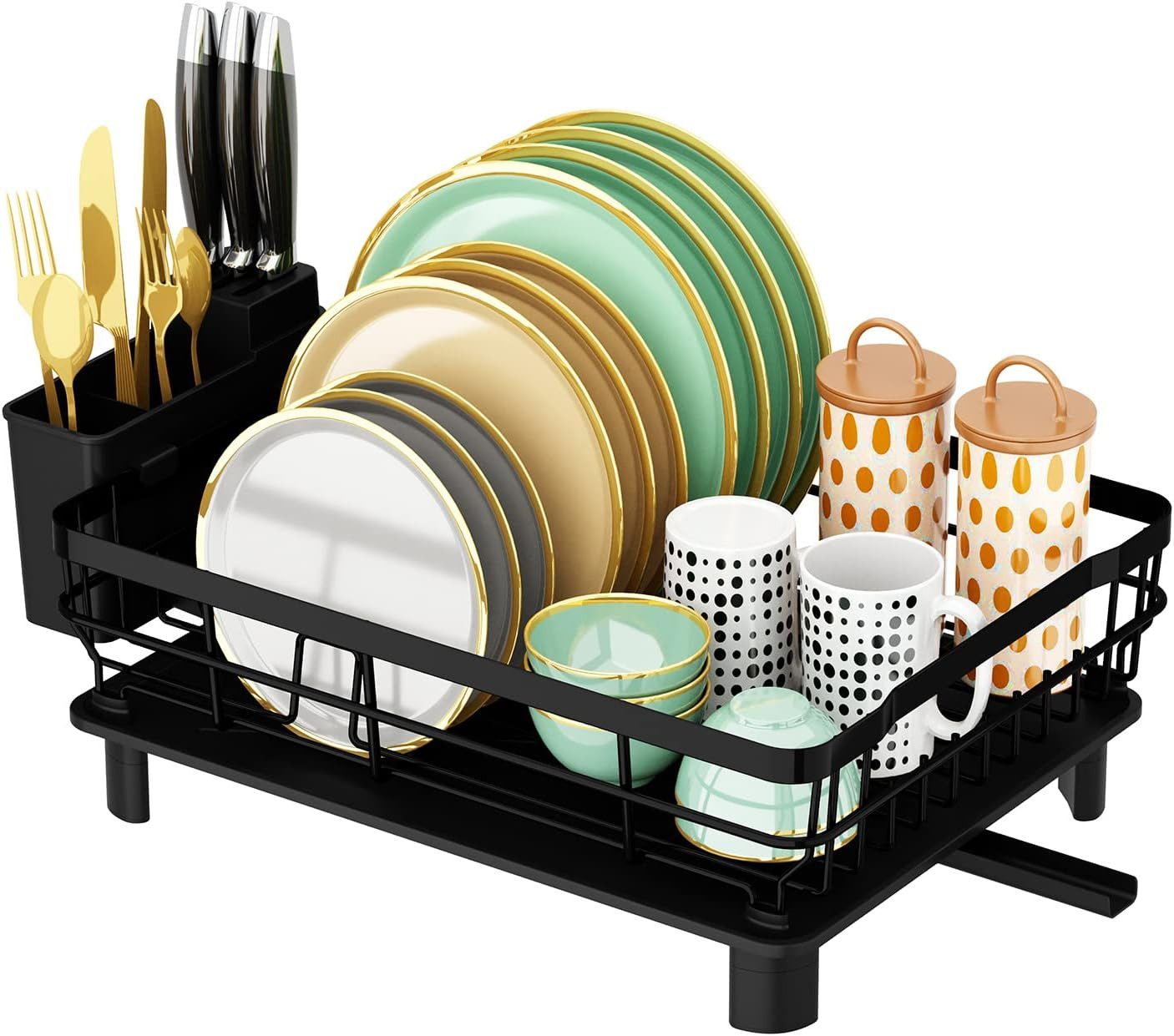 Refined Living Geschirrständer Geschirrabtropfgestell mit Abtropfmatte, Platzsparend Geschirrständer, Zubehör für Teller Abtropfständer, Multifunktionales Abtropfgestell-Set, Ablage für Küchenspüle, mit 360° Abfluss abnehmbarem und Messerfächern, Geschirr