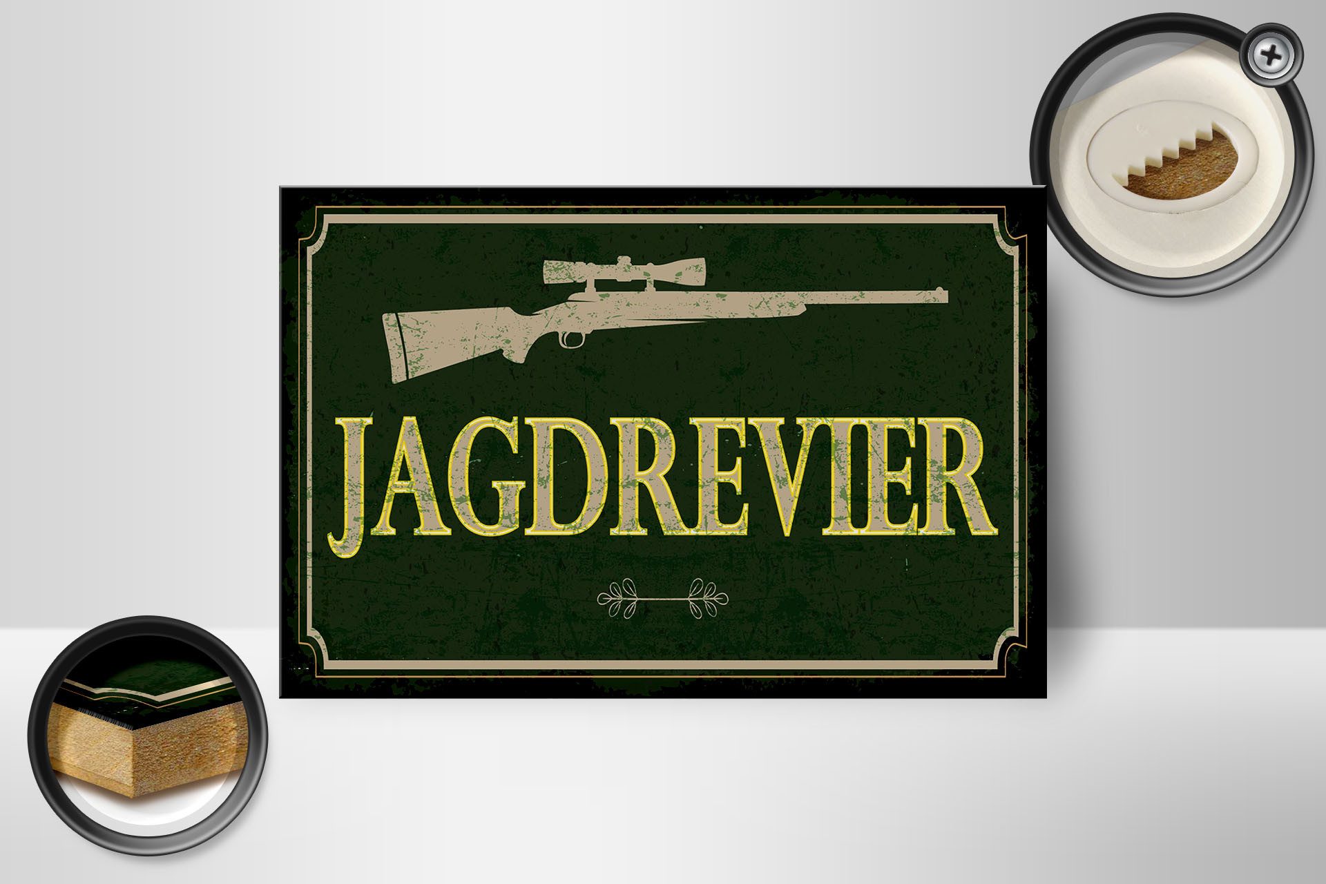 Femer GmbH Holzbild Hinweis 30x40 cm Jagdrevier Jagdgewehr, (1 St), Glatte Holzfaserplatte (MDF), vorn beschichtet