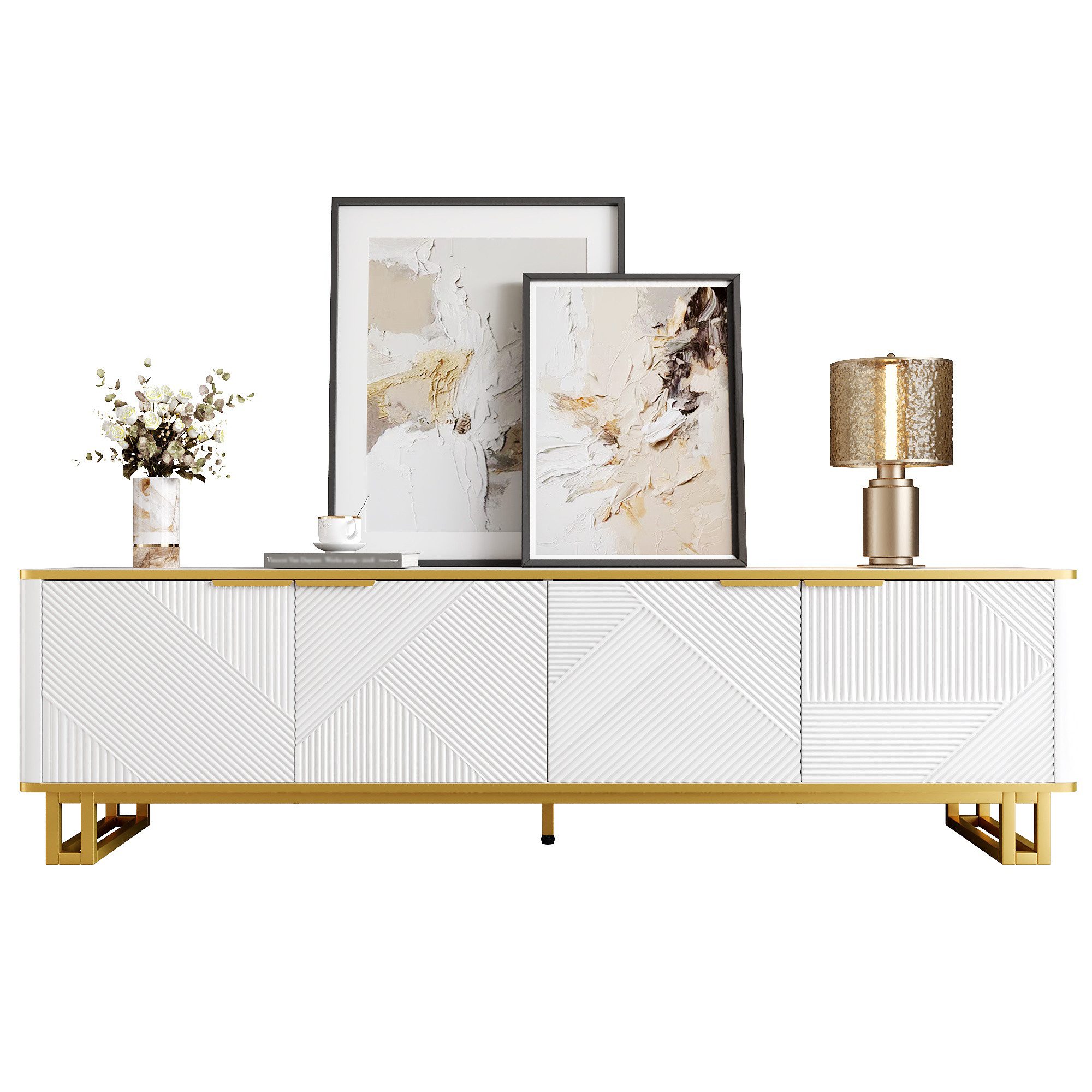 Merax Lowboard in Weiß und Gold, TV-Board mit vier Türen und Stauraum (1 St., 160 x 37,5 x 48 cm), TV-Schrank mit geometrischer 3D-Front, …