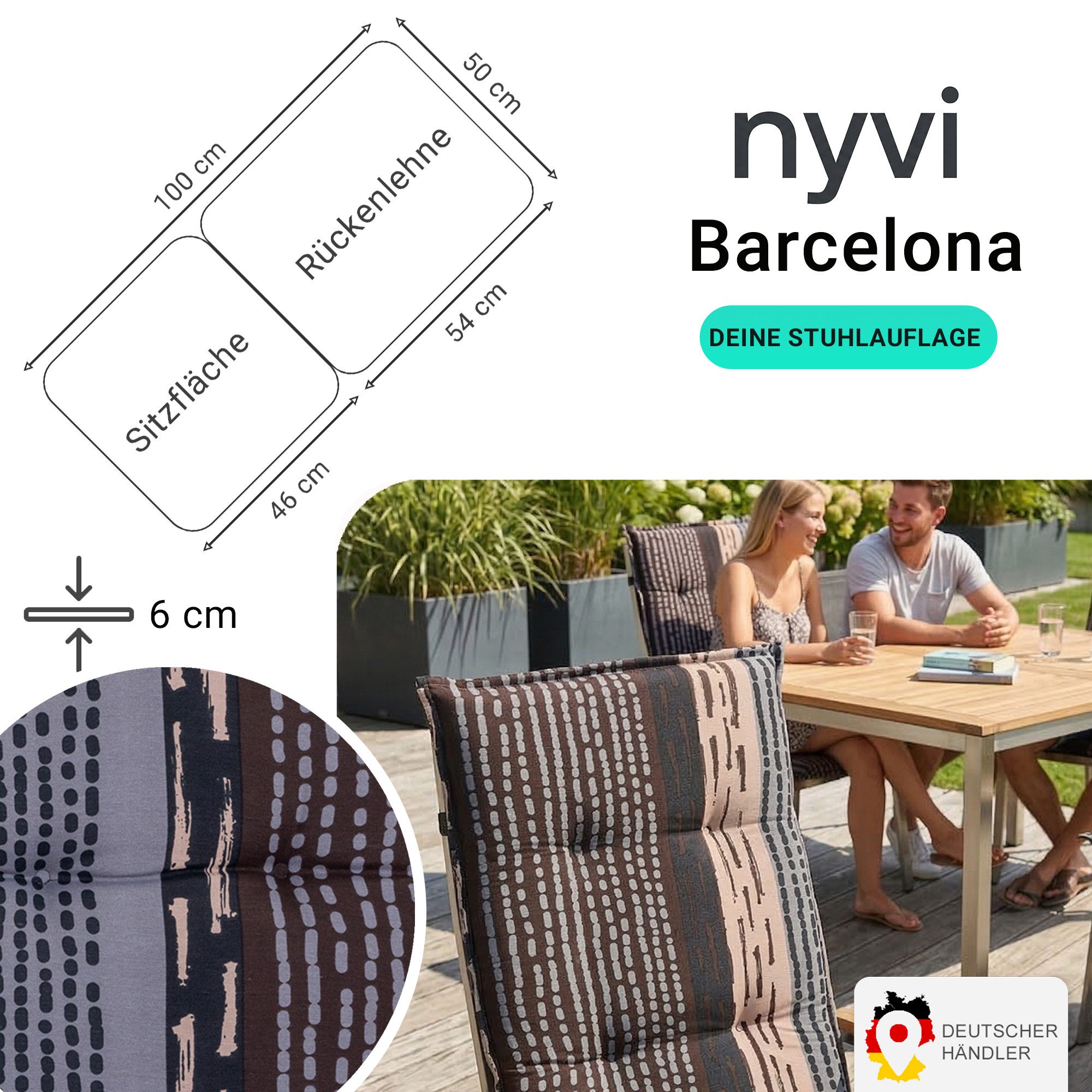 NYVI Sitzauflage Niedriglehner Auflage Barcelona Gartenstuhlauflagen 100x50cm, (1 St), Niederlehner Stuhlauflage Sitzauflage mit Halteband