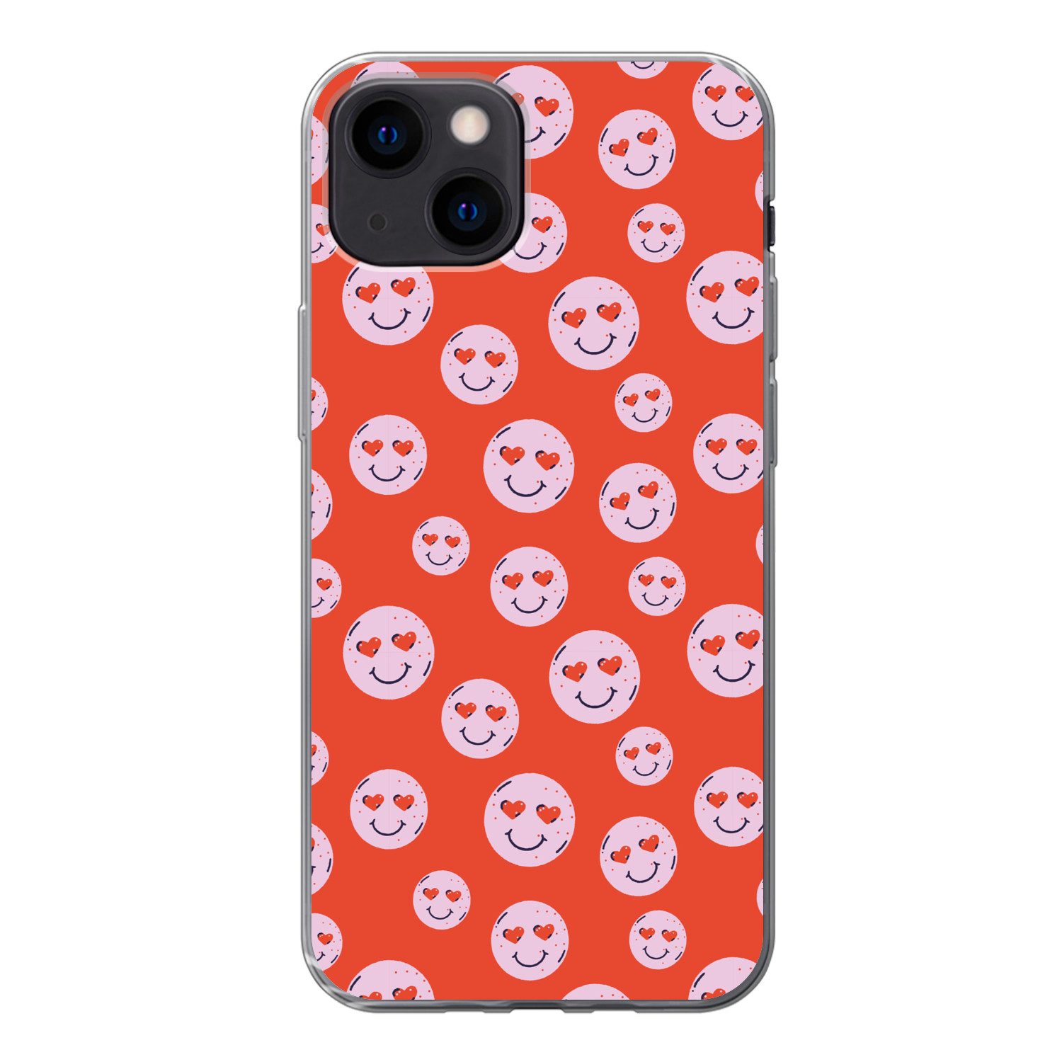 MuchoWow Handyhülle für Apple iPhone 13 mini Smiley - Muster - Herzen - Rot - Rosa, Smartphone-Bumper, Print, Handy Schutzhülle Dünn