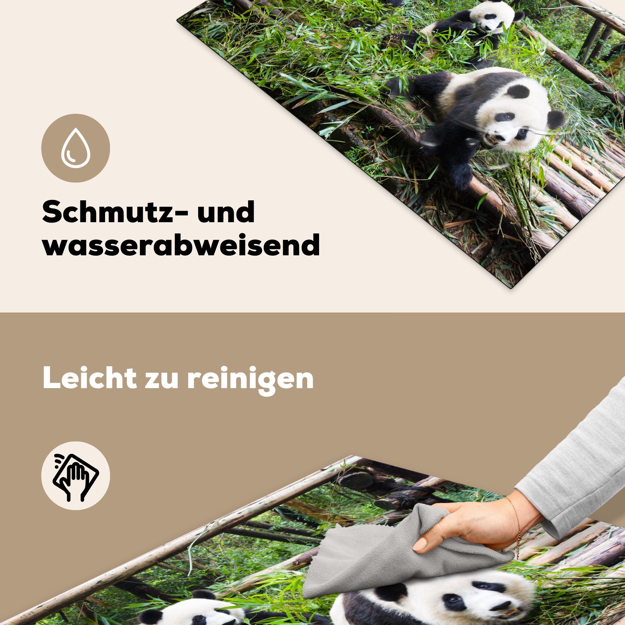 MuchoWow Herdblende-/Abdeckplatte Pandas 81x52 die cm, (1 Schutz - - Blätter, Ceranfeldabdeckung tlg), Vinyl, Bambus Induktionskochfeld für küche