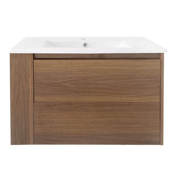 IDEASY Waschbeckenunterschrank Hängender Waschbeckenunterschrank 76 cm breit (mit Keramikspüle, mit Schubladen, gedämpften Schienen) Soft-Closing-Funktion, ohne sichtbare Griffe, wasserdichter Schrank