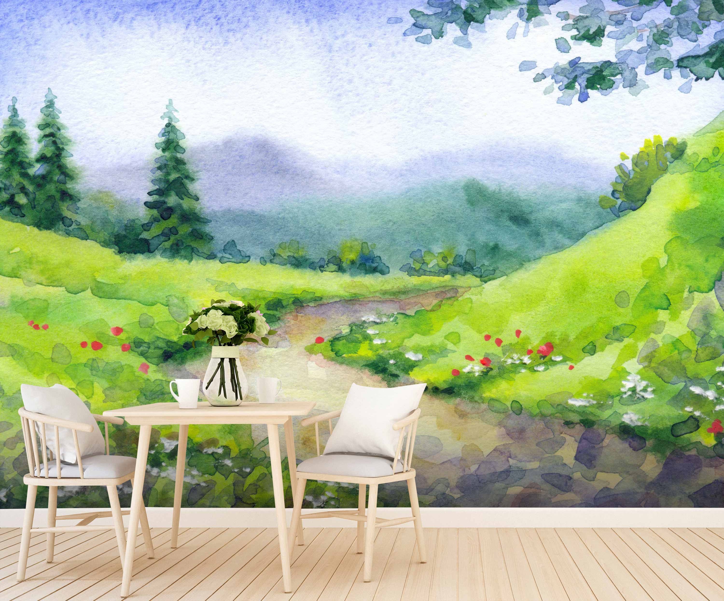 Hügeln, Fototapete Vliestapete Landschaft Gemälde Motivtapete, wandmotiv24 Wandtapete, matt, glatt, mit