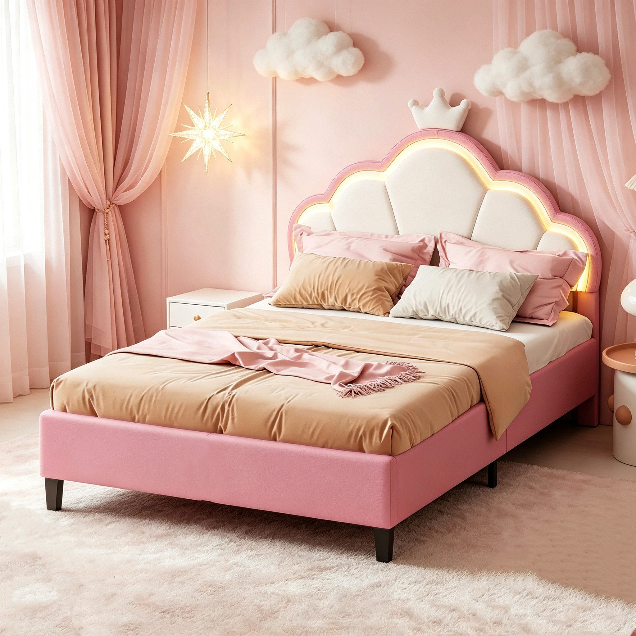Simurq Kinderbett 90x200cm Bettgestell, Einzelbett, Polsterbett, Jugendbett, Mit LED, Mit Lattenrost, Prinzessin Bett