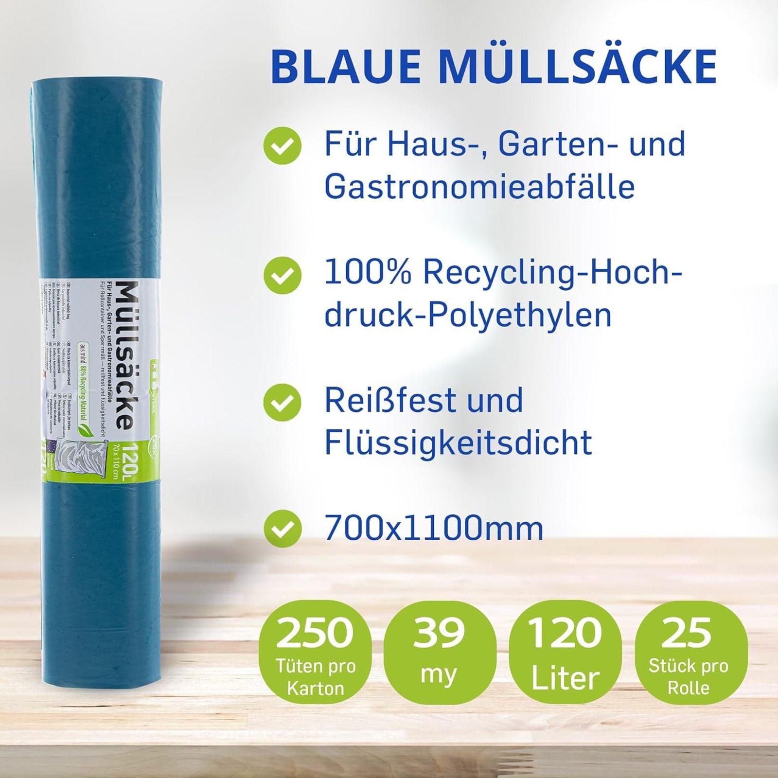 Hossi's Wholesale Müllbeutel 120 Liter Müllbeutel 10 Rollen à 25 Stück blaue Müllsäcke Abfallsäcke