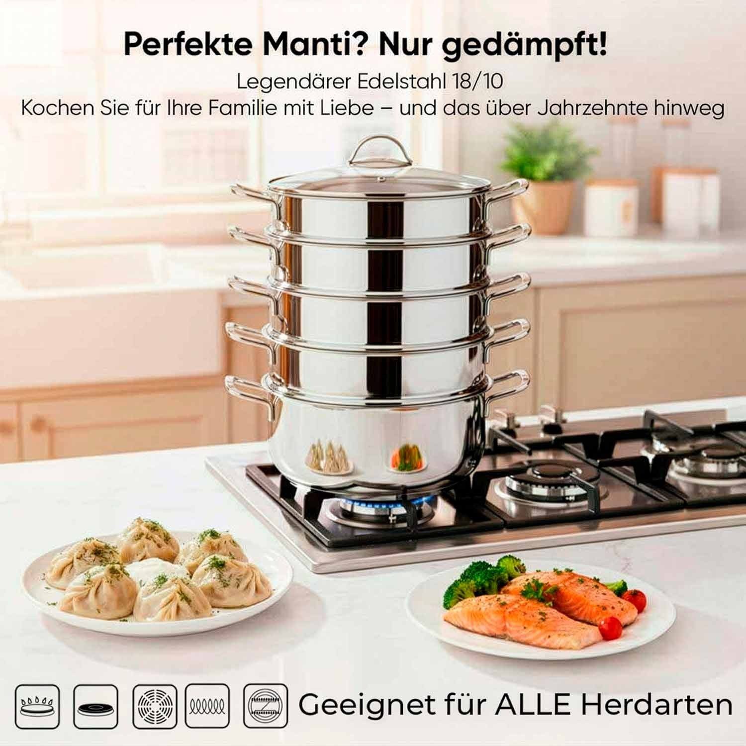 BEM Dampfgartopf Ø 26 cm, aus Edelstahl 18/10 (Dampfgarer Topf auch für Induktionsherd, 6-tlg., Dampfkocher Gardampfkochtopf Set), Mantowarka mit Dampfeinsatz und Glasdeckel Dampfkochtopf