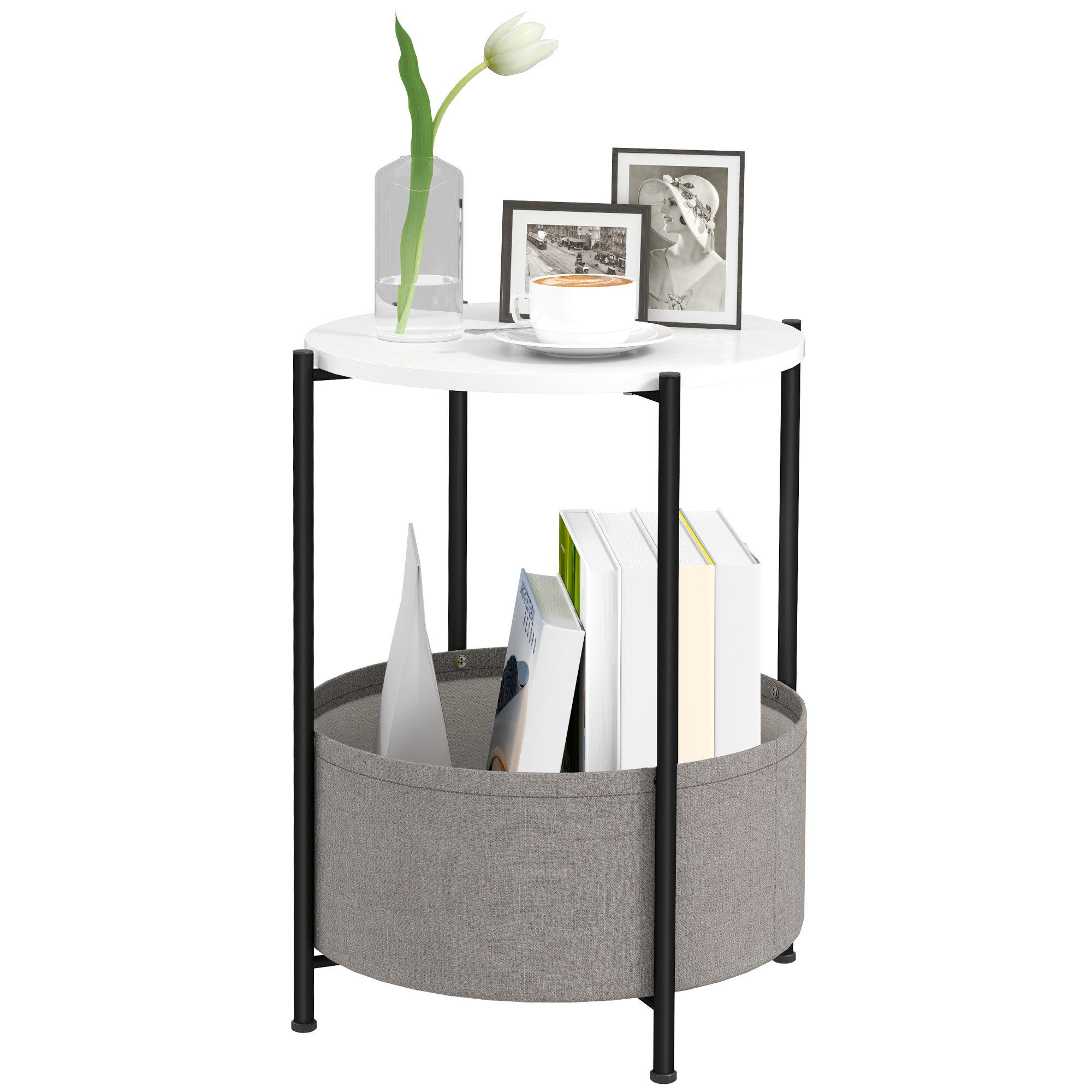 HOMCOM Beistelltisch Runder Nachttisch mit einem Regal, Korb aus Stoff, Sofatisch (Couchtisch, 1-St., Kaffeetisch), für Wohnzimmer, Schlafzimmer, 44 x 44 x 56 c – Bild 2 von 5