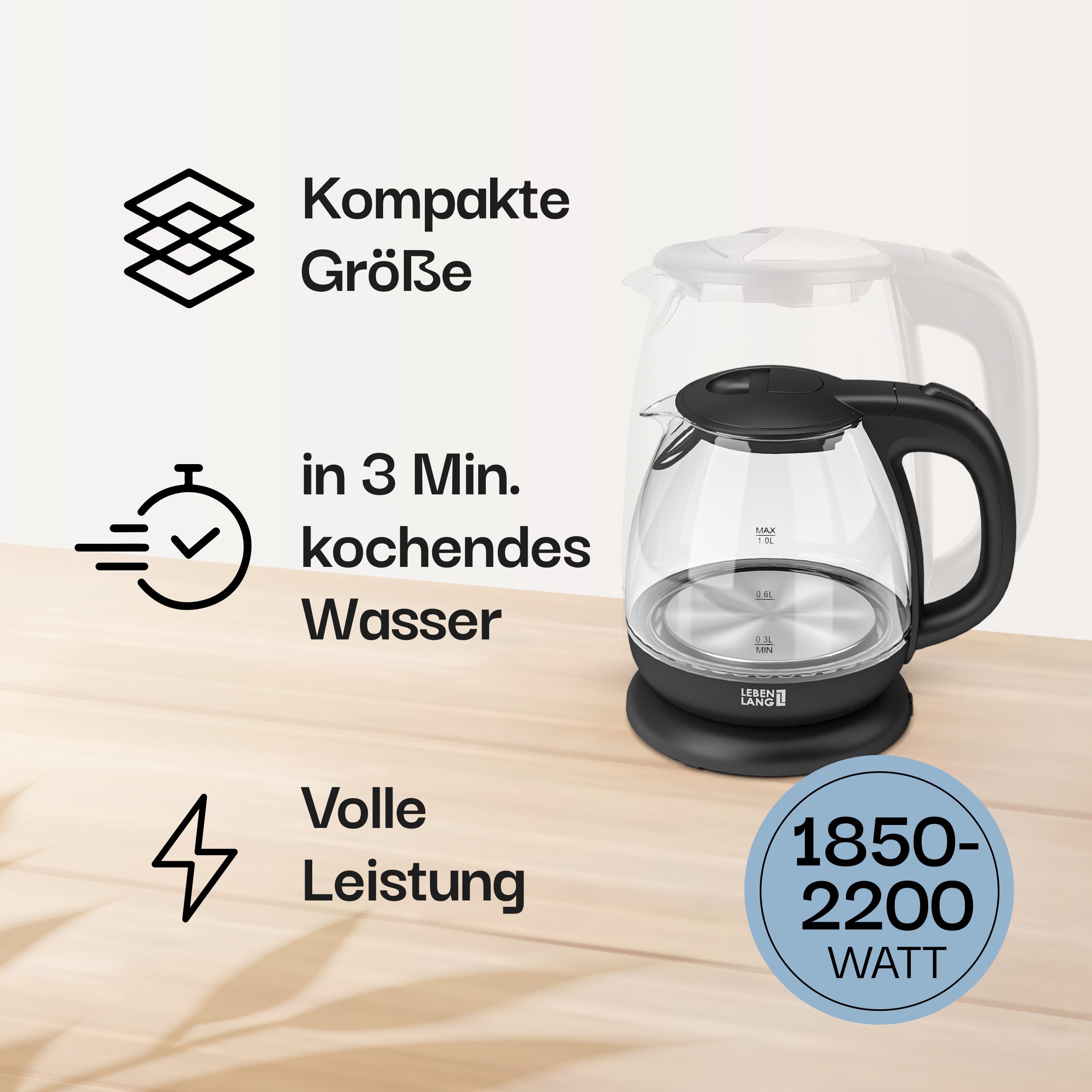 Lebenlang Wasserkocher aus Glas - Kochendes Wasser in 3 Min - Kompakt & Ideal auch für Reisen, 2200 W, Energieeffizient - Flexible 360° Basis - Platzsparend - 67cm Kabel