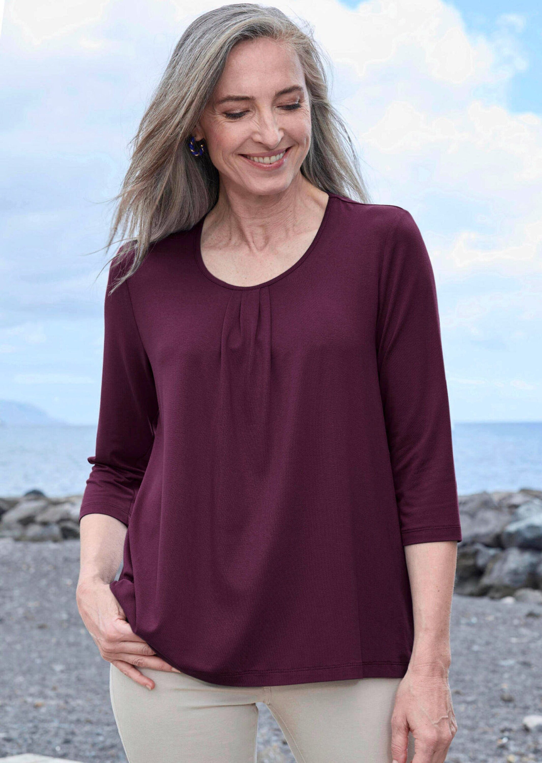 GOLDNER T-Shirt Kurzgröße: Viskose-Oberteil mit Halbarm Feminines Design mit Falten und Rundhalsausschnitt