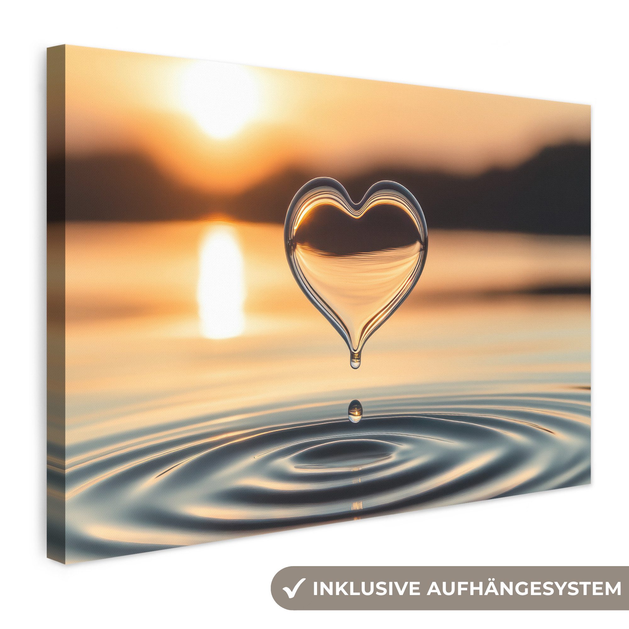 OneMillionCanvasses® Leinwandbild Herz - Wasser - Sonnenuntergang - Natur - Zen, Fotodruck (1 St), Leinwand Bilder Klein, Wand Dekoration Aesthetic 30x20 cm