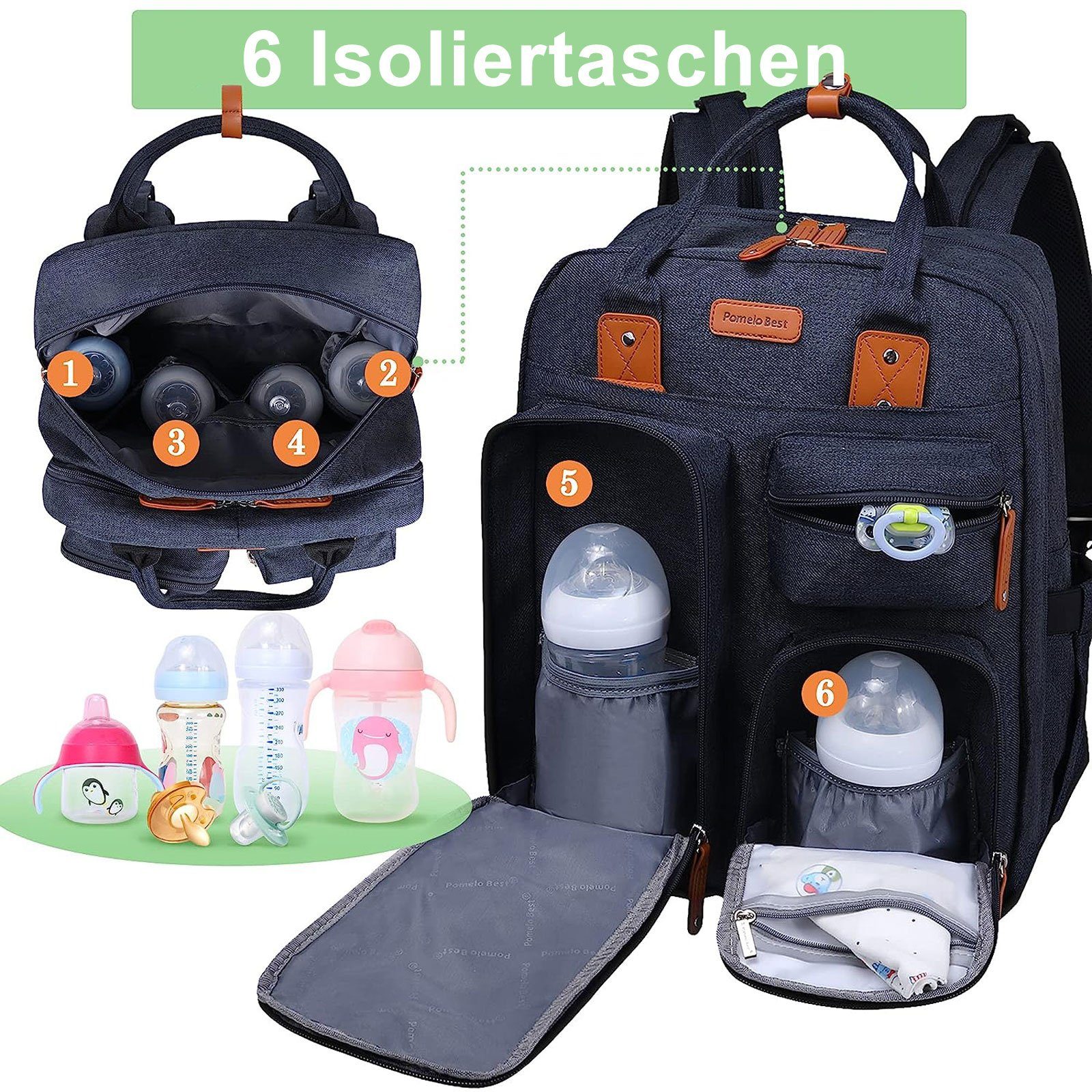 Rucksack Tasche Laptopfach), Wickelauflage mobiler Rucksack Mama Baby Flaschenhalter, Wickelrucksack Schnullerhalter unterwegs, mit Multifunktional, Papa mit Dunkelblau WISHDOR tragbarer Babytasche, für Babyflasche mit Wärmeisolierte Multifunktions-Babytaschen Milchfläsche (Windeln Wickeltasche Kinderwagengurte und