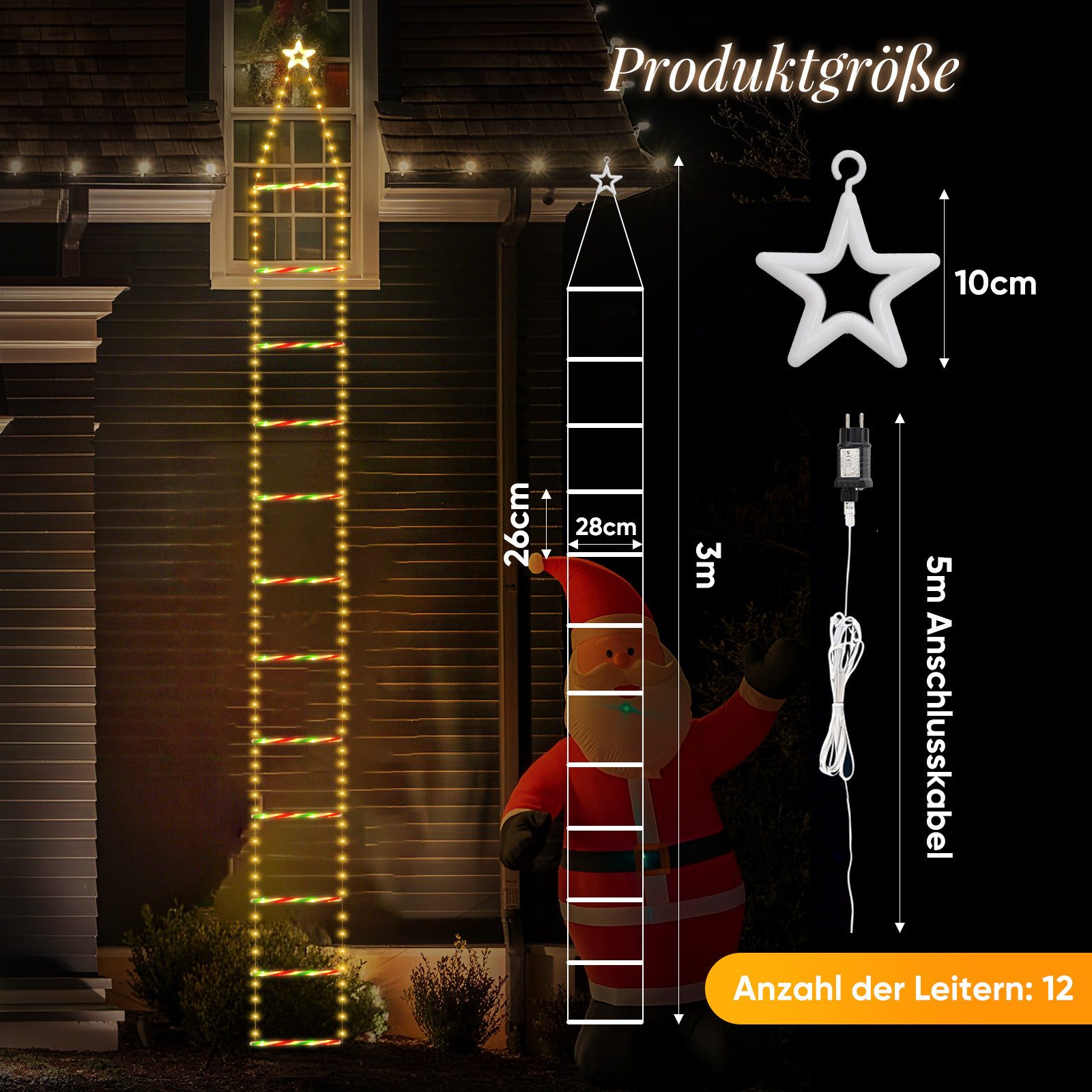 Salcar LED-Lichterkette LED Weihnachts Leiter 3M Weihnachtslichterkette Warmeweiß, Timer, Memory, 9 Modi(Stufenlos Warmweiß/Vierfarben/Macaron-Farben) – Bild 3 von 5