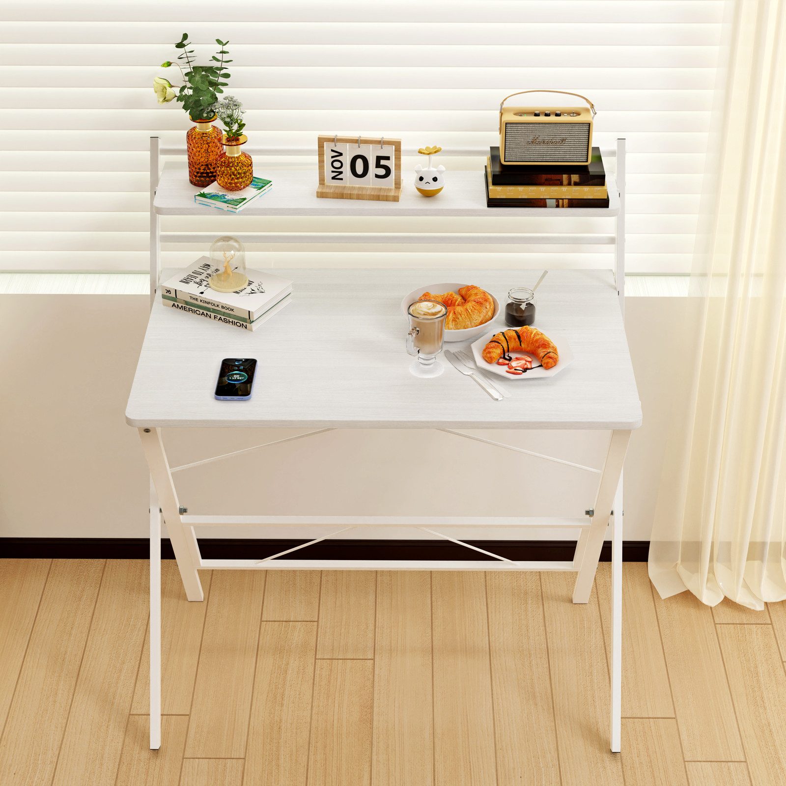 JEOBEST Computertisch Klappbarer Schreibtisch mit Regal, Home Office, kleiner Arbeitstisch 80 x 50 x 107cm