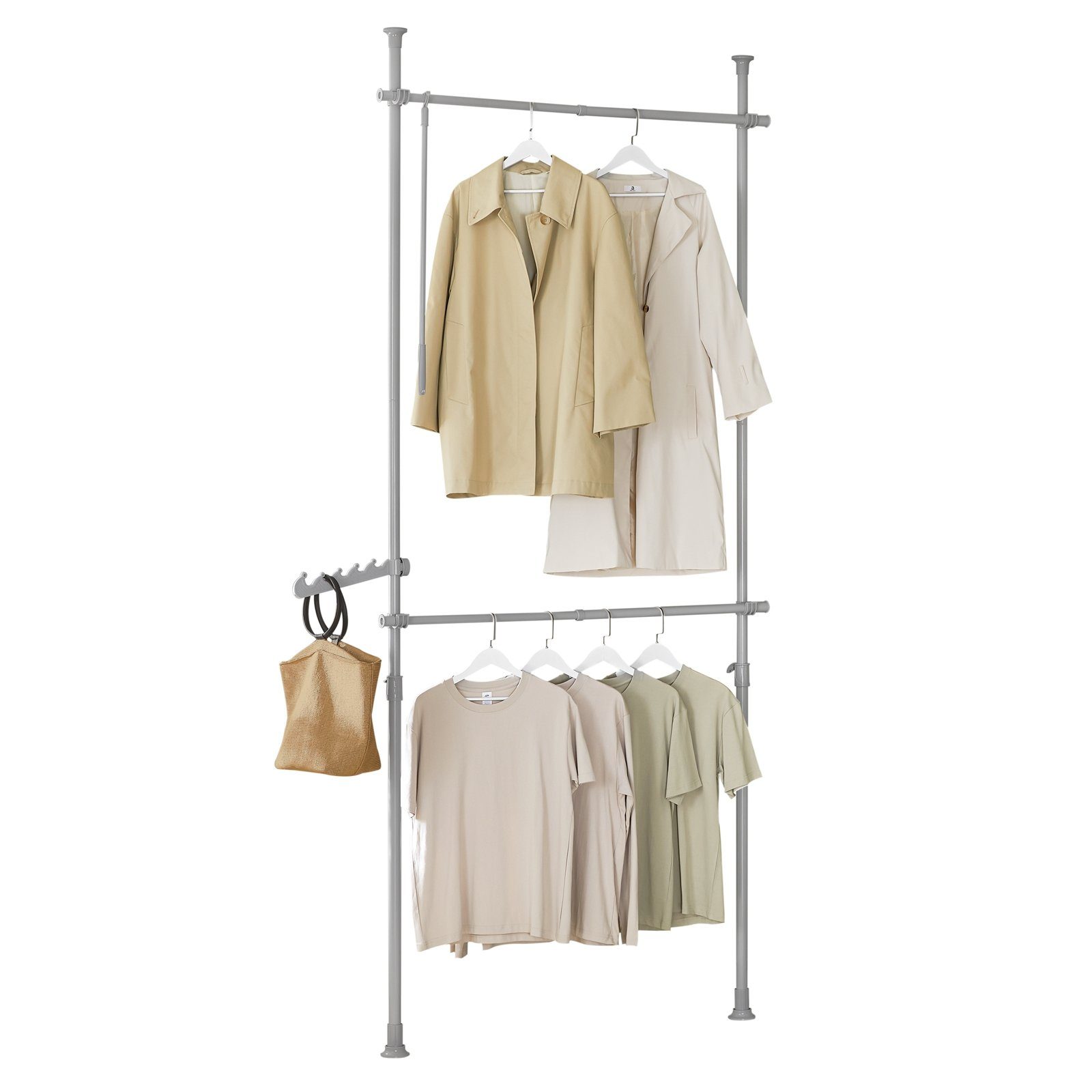 SoBuy Kleiderständer FRG109, deckenhoch, 3-stufige, höhen- und breitenverstellbar, Garderoben System mit 2 Kleiderstangen Regalsystem, Schlafzimmer