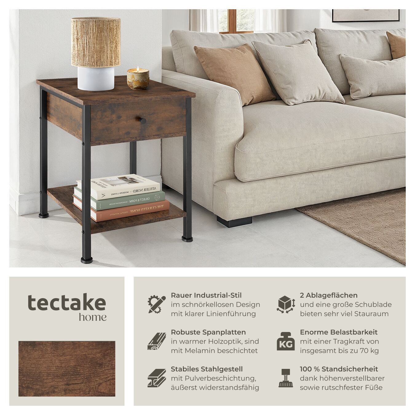 tectake Nachttisch Beistelltisch Bradford 40x40x55,5cm (1-St., 3 tlg), Kantiger Nachttisch im rauen Industrie-Stil