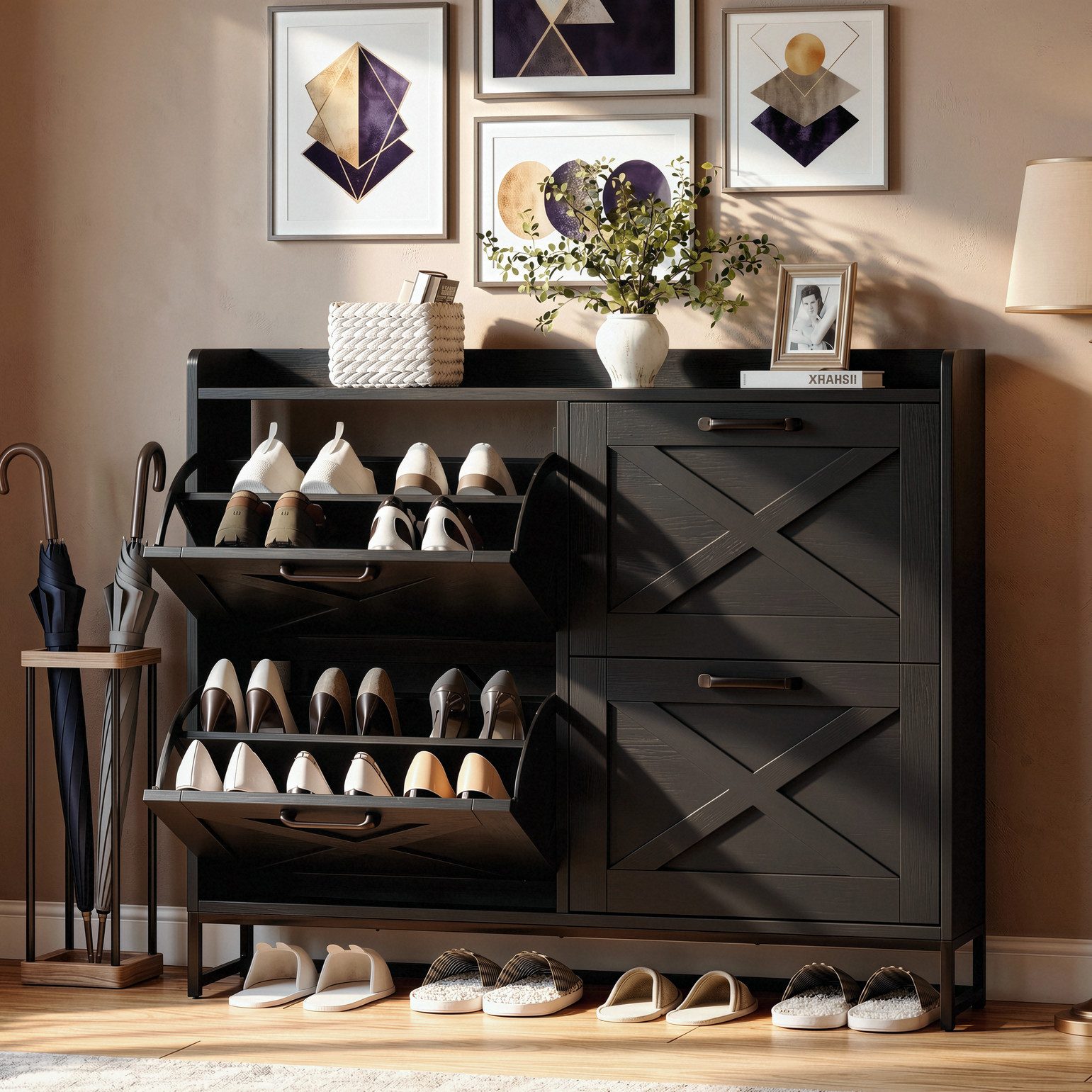 VOWNER Schuhschrank Landhaus Dielenschrank mit 4 Klappfächern, 120 × 24 × 100 cm (1-St) Schmale Schuhkommode, platzsparend für Diele und Flur