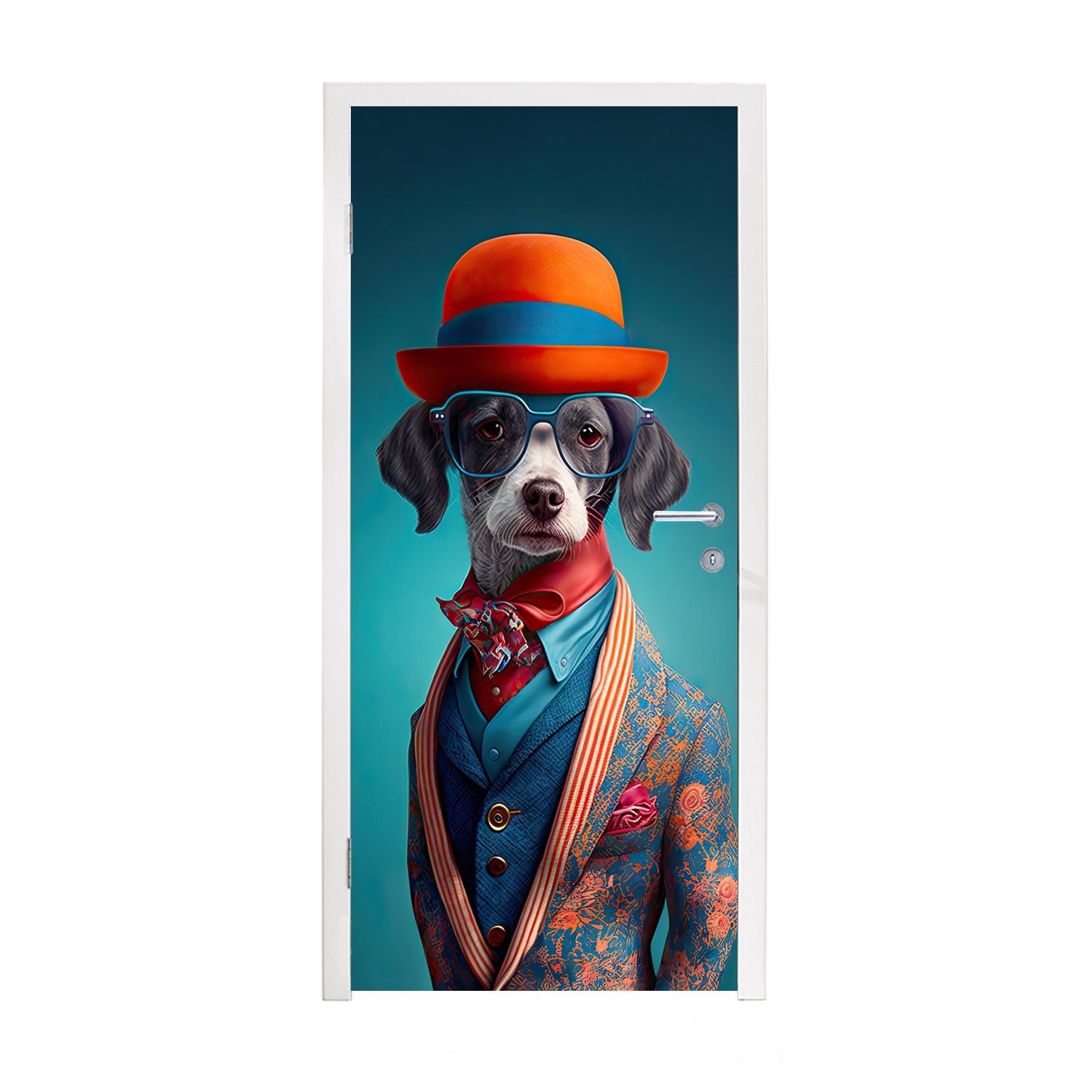 MuchoWow Türtapete Hund - Jacke - Blumen - Porträt - Blau, Matt, bedruckt, (1 St), Fototapete für Tür, Türaufkleber, 75x205 cm