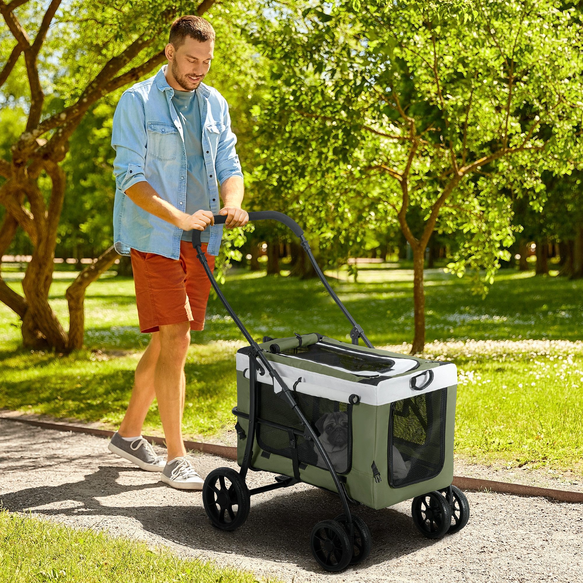 PawHut Hundebuggy Hundewagen Katzenbuggy klappbar mit Kissen Netzfenstern Türen, (1-tlg), für Hunde & Katzen bis 10 kg, Dunkelgrün