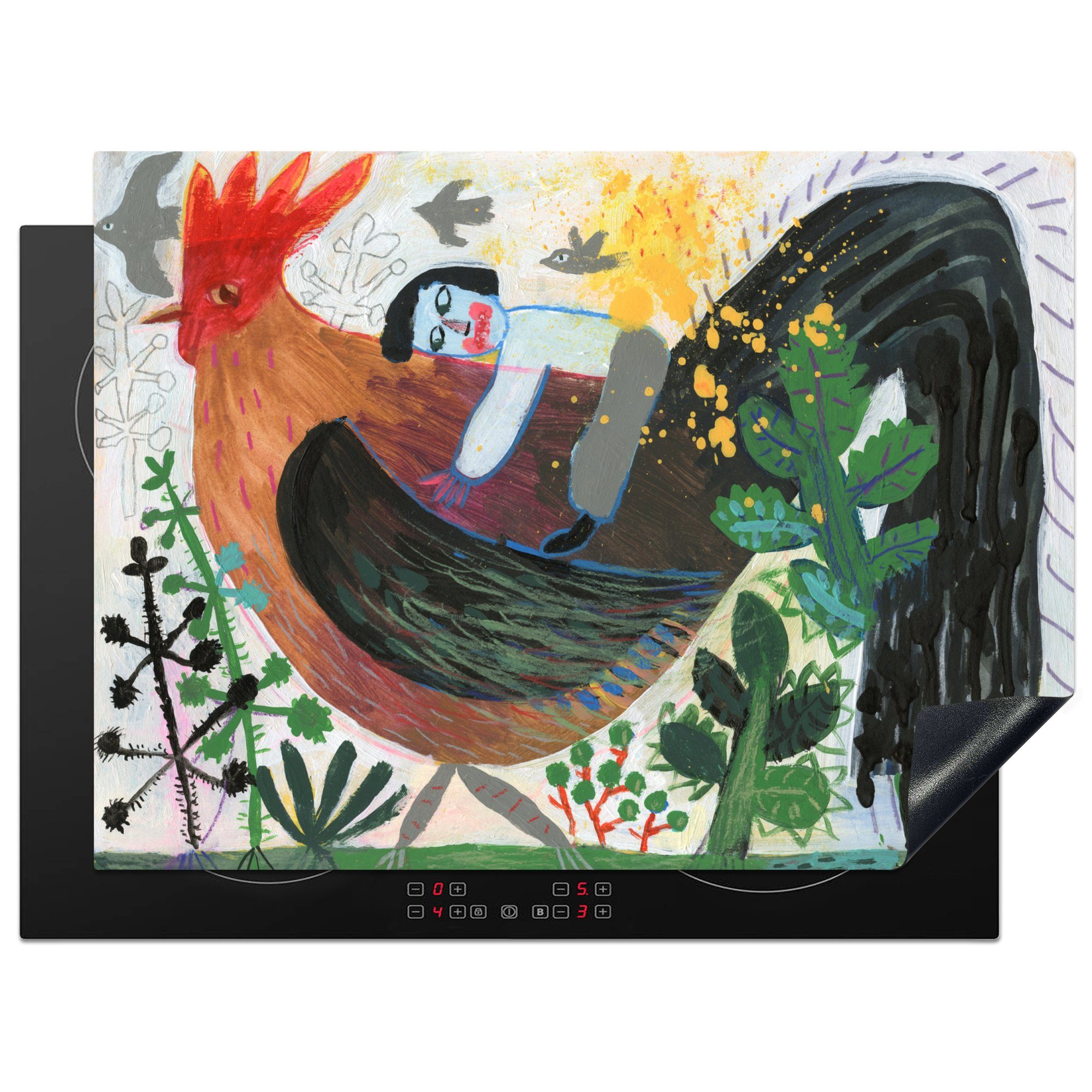 MuchoWow Herdblende-/Abdeckplatte Illustration eines Hahns und eines Kindes, Vinyl, (1 tlg), 70x52 cm, Mobile Arbeitsfläche nutzbar, Ceranfeldabdeckung