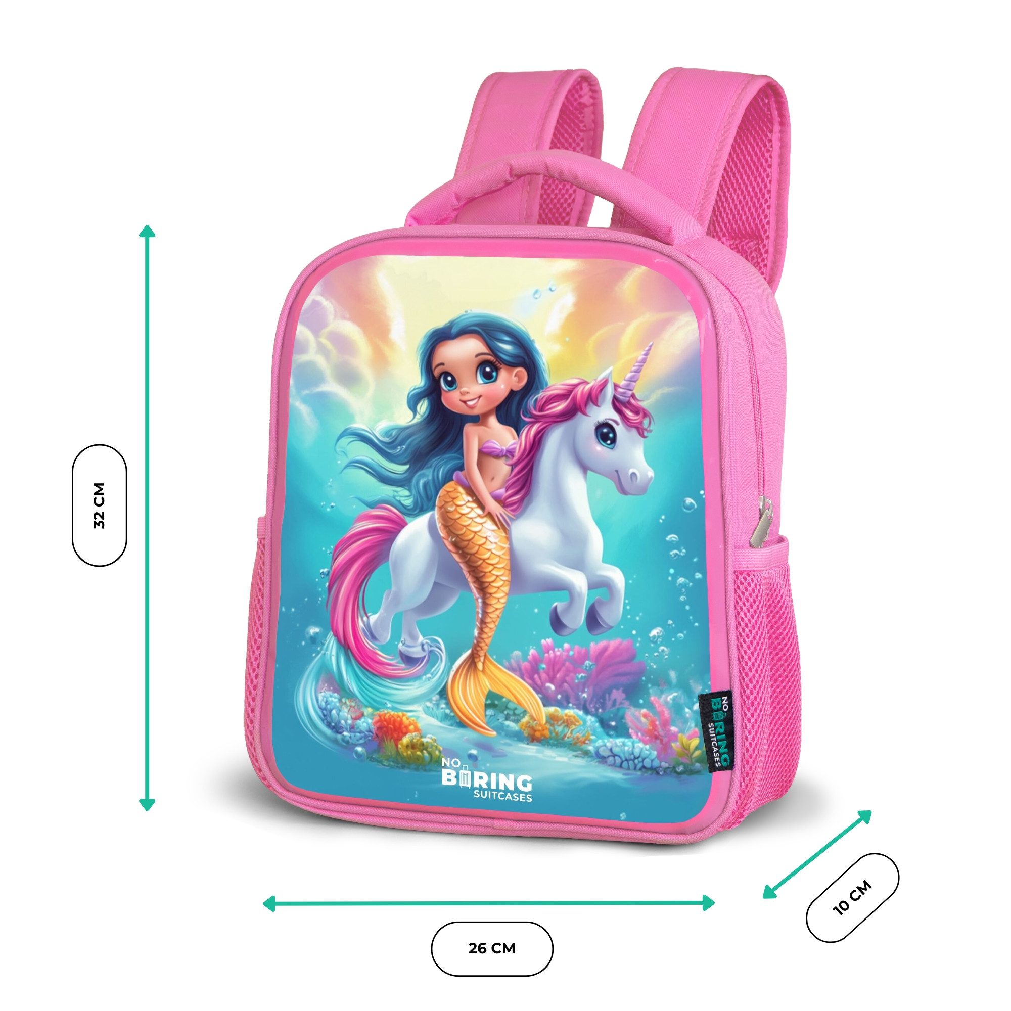 NoBoringSuitcases.com© Rucksack Rosa - Goldschwänzige Meerjungfrau mit weißem Einhorn, Kinderrucksack, Schulrucksack, Freizeitrucksack, Mädchen, Kindergarten – Bild 5 von 5