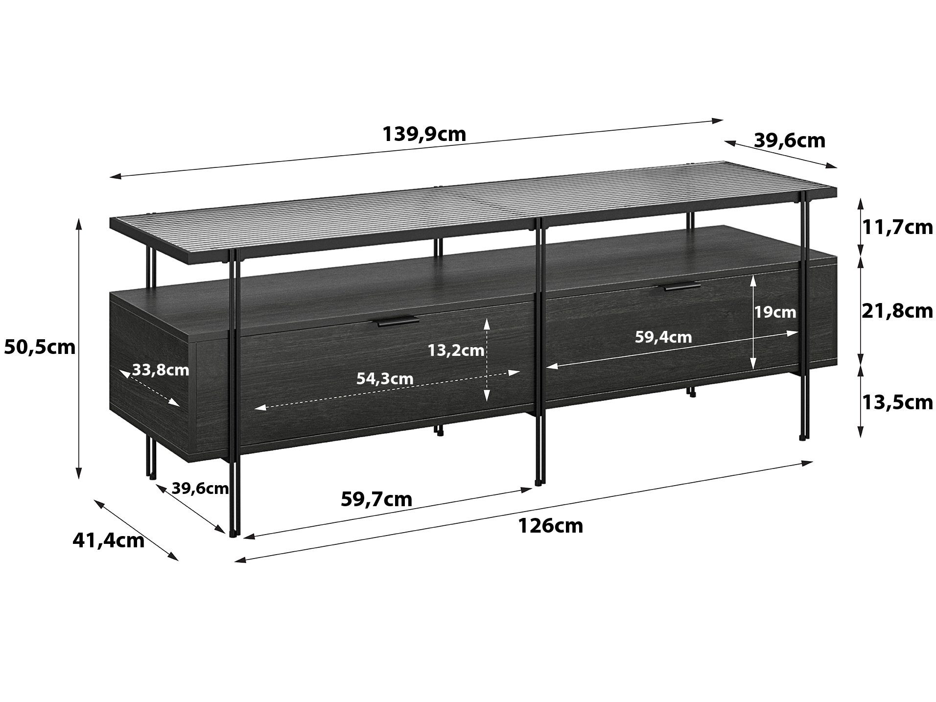 Dorel Home Lowboard Wainwright, mit geriffeltem aus 140 cm Höhe Oberboden Glas, 50,5 Breite cm
