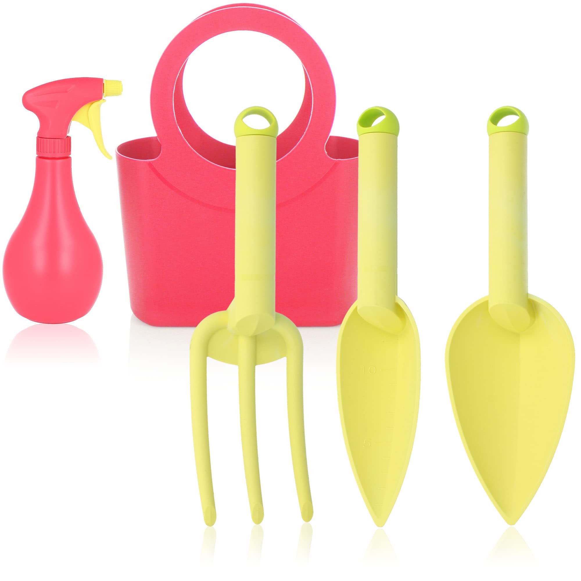com-four Gartenpflege-Set Bunte Gartenhelfer mit Sprühflasche und Tragetasche –