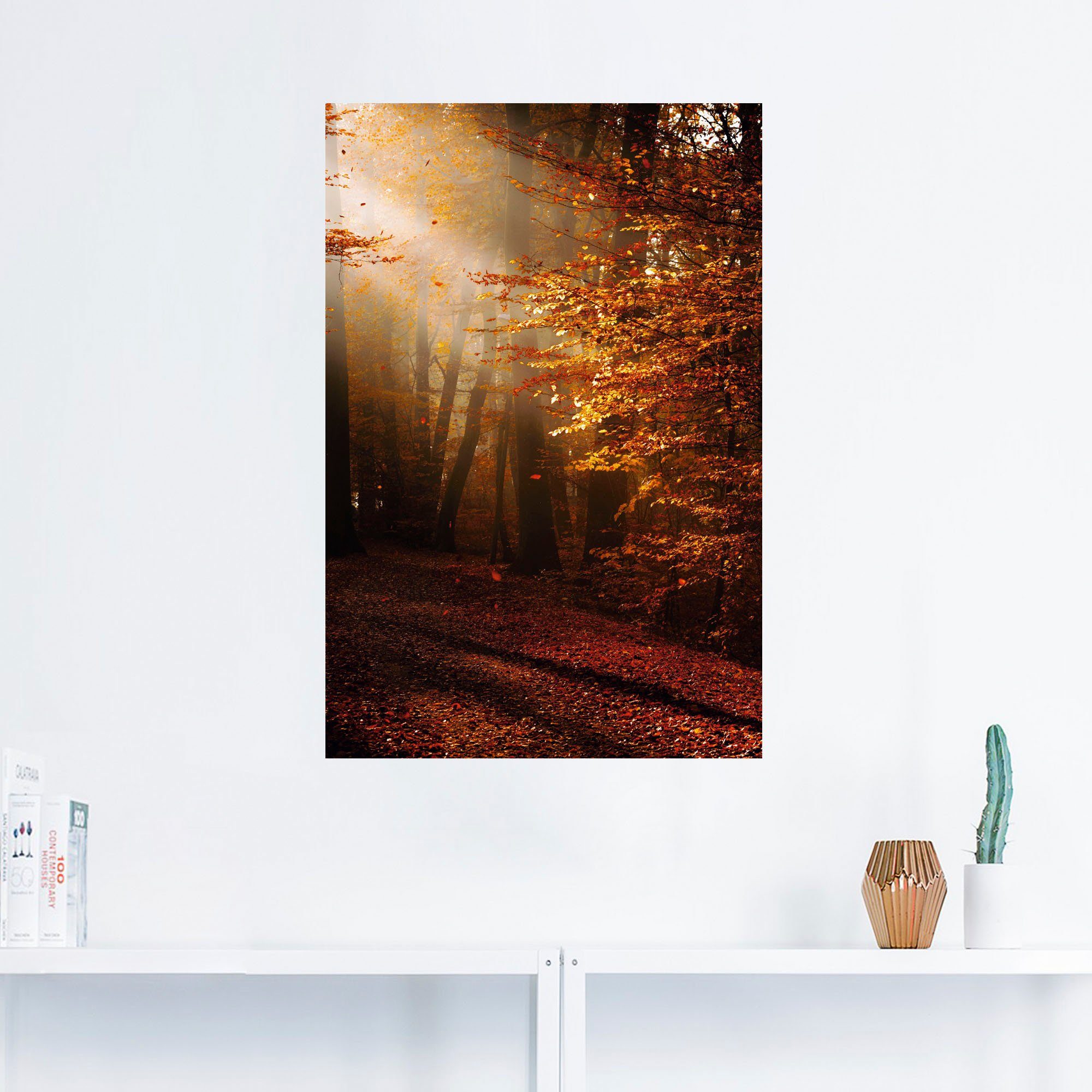 Leinwandbild, Wandaufkleber in Herbst, als (1 Wald Sonnenaufgang Wandbild Poster im oder St), versch. Größen Artland Alubild,