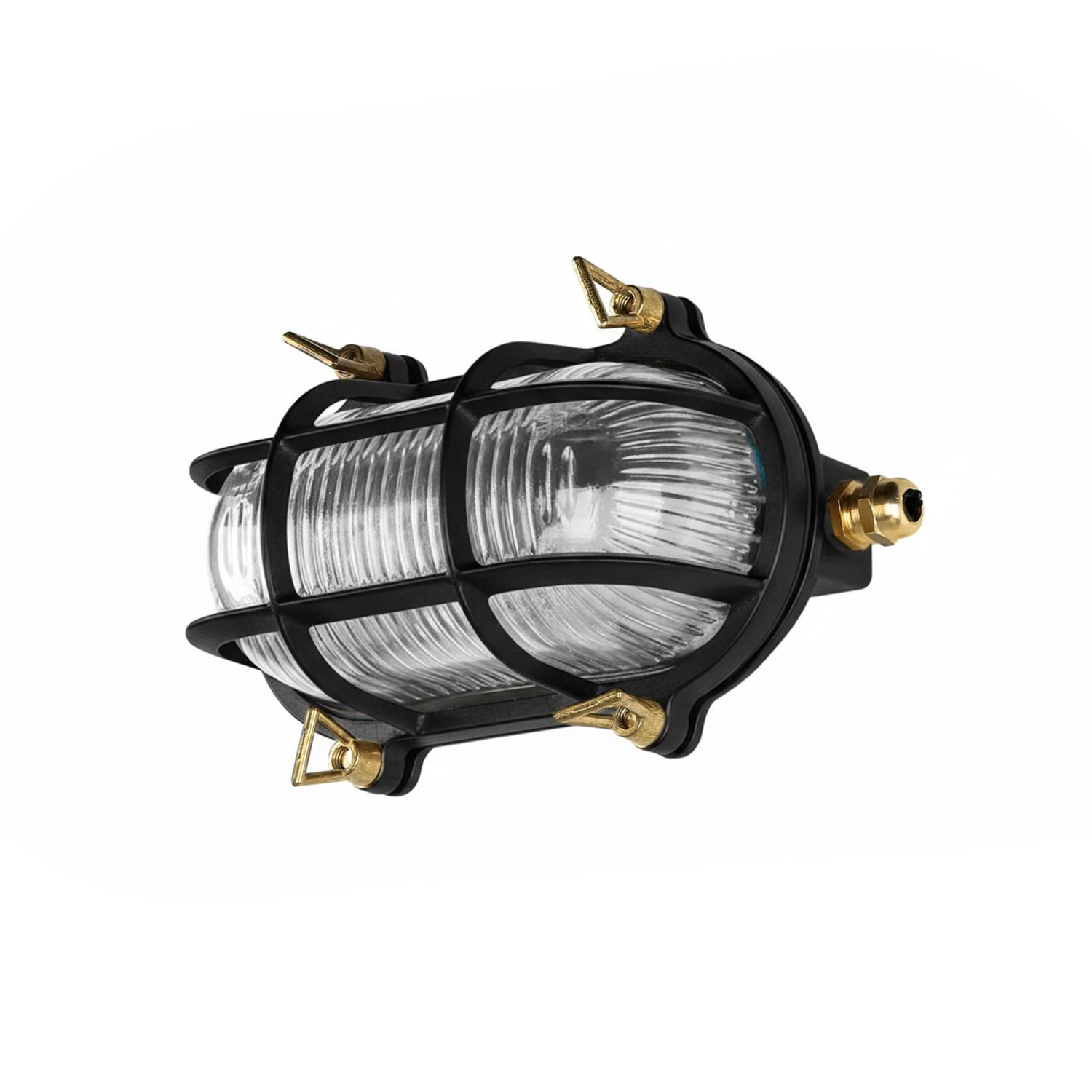 Licht-Erlebnisse Außen-Wandleuchte SKIATHOS, ohne Leuchtmittel, Ovalleuchte Messing massiv Glas E27 IP64 B: 21 cm Schwarz Maritim