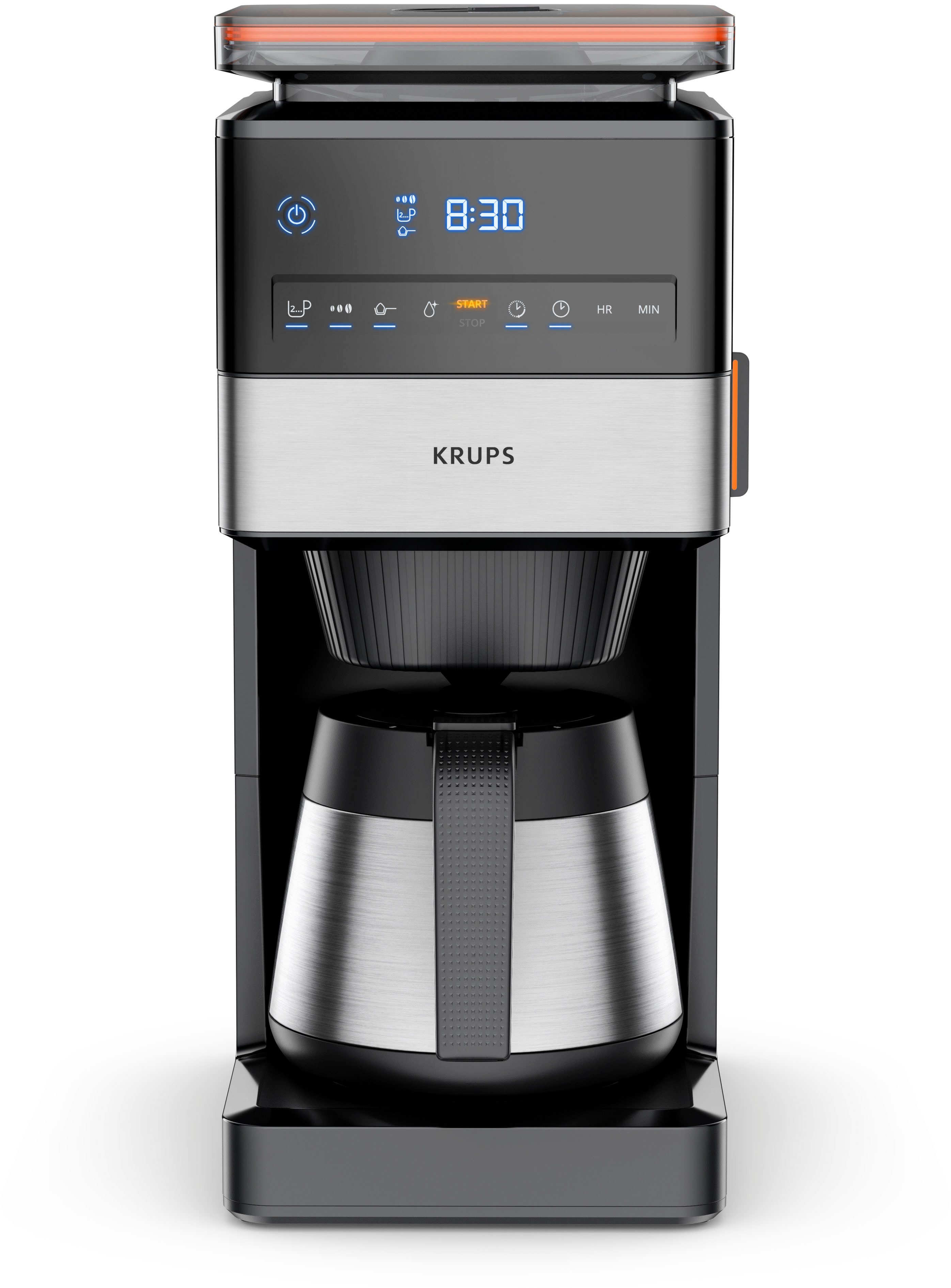 Krups Filterkaffeemaschine KT8428 Grind Aroma XL, 1,25l Kaffeekanne, Permanentfilter, Papierfilter 1x4, Kegelmahlwerk, digitales Bedienfeld, 1,25 l, 4h warm dank Isolierkanne