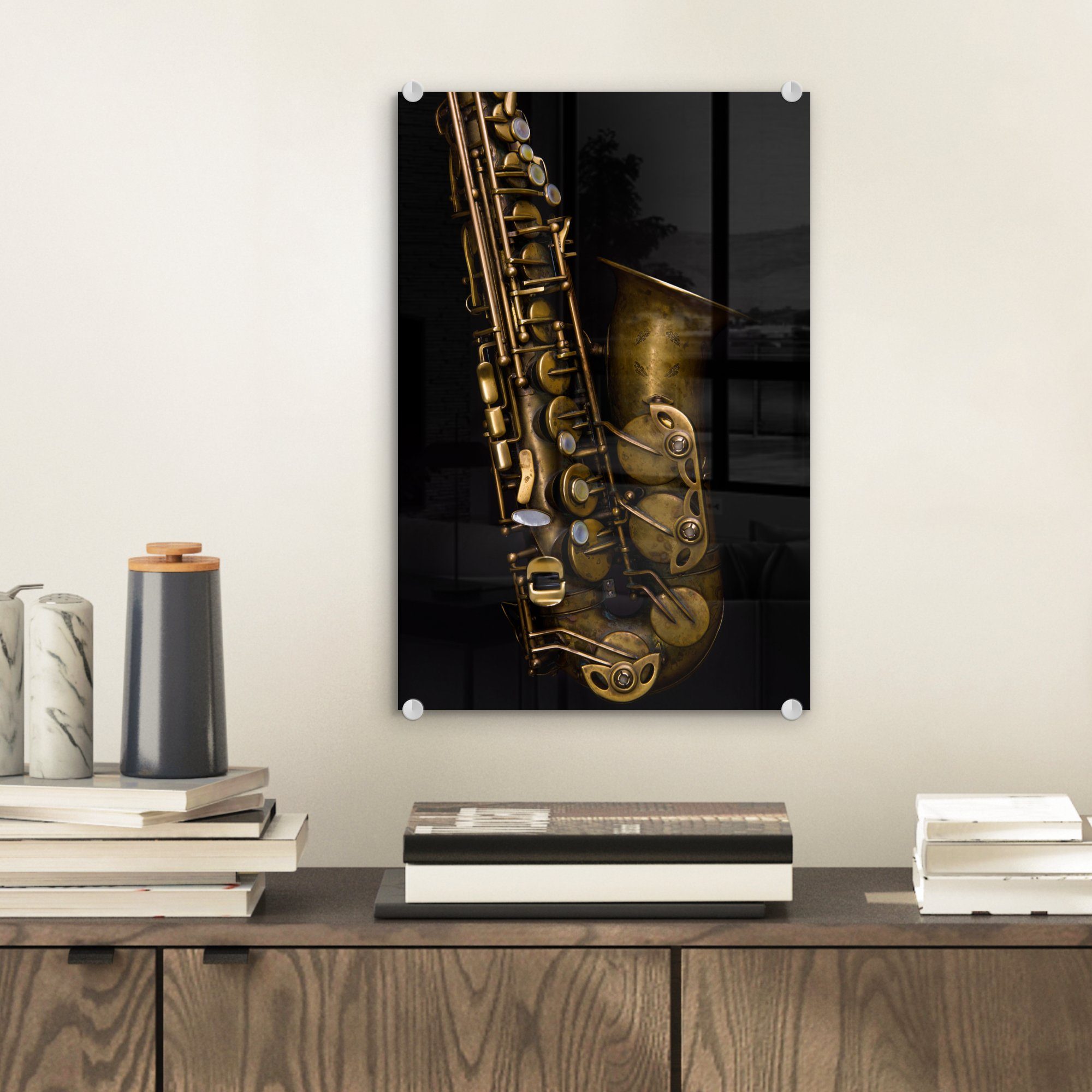 MuchoWow Acrylglasbild Nahaufnahme eines alten Saxophons, Inkl. Aufhängung, günstig online kaufen