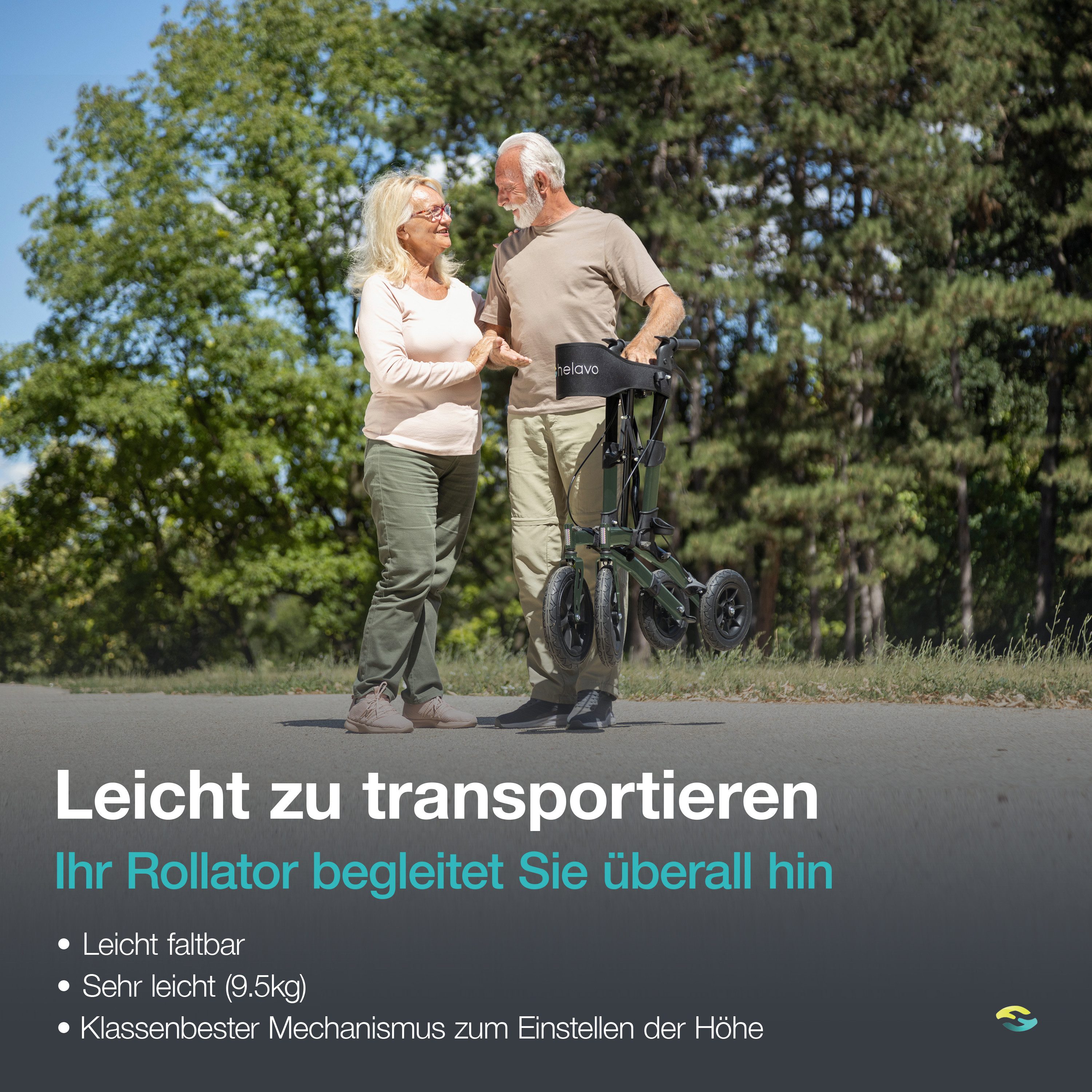 Helavo Rollator H1040, Faltbarer Outdoor Rollator mit Luftbereifung, Sitz & Lehne