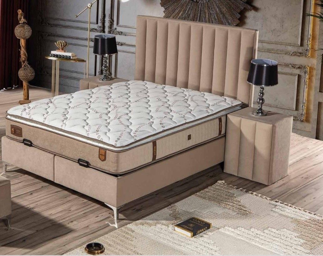 Xlmoebel Boxspringbett Beiges Bett mit Matratze aus Textil und Edelstahl (1-St), Made in Europa