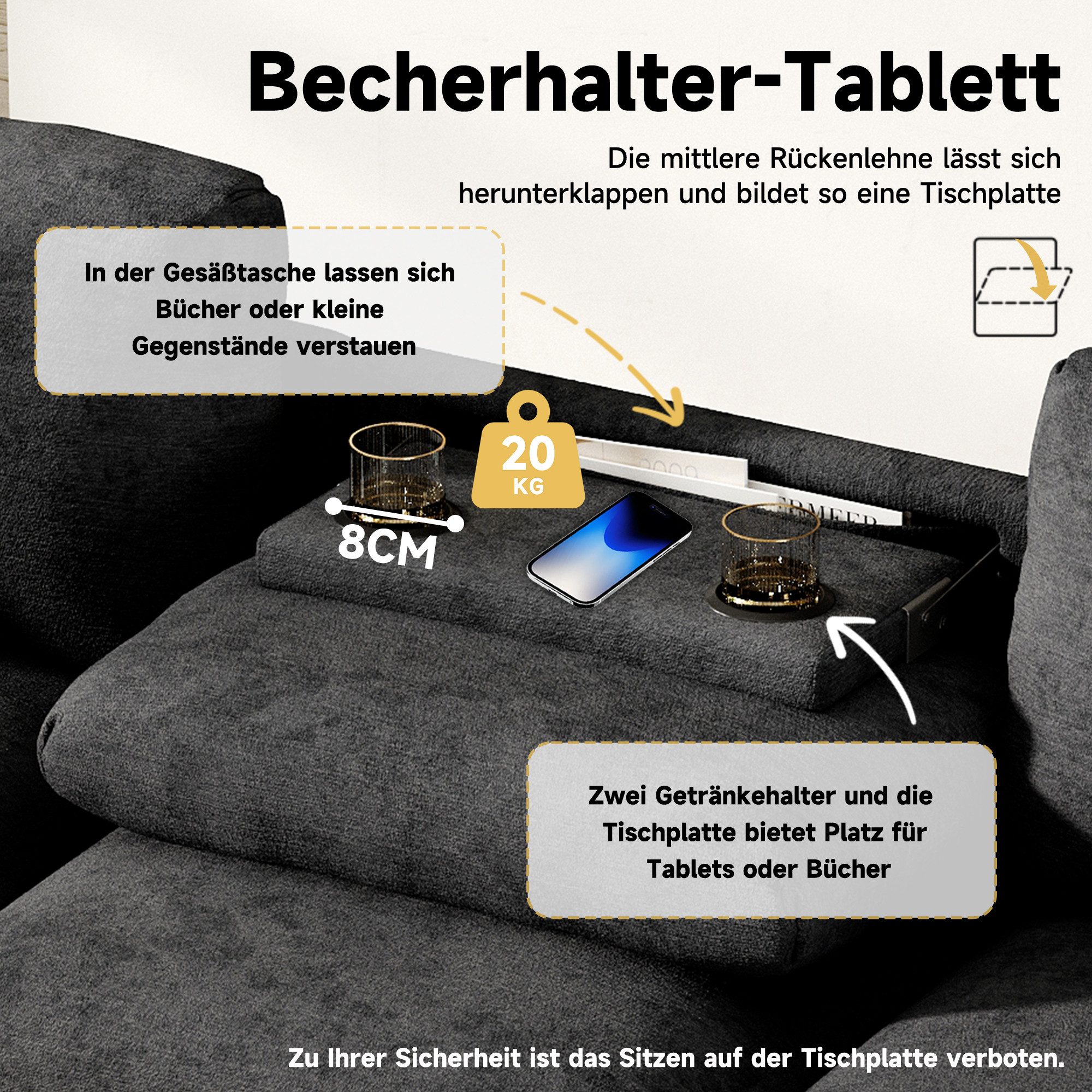 Merax 3-Sitzer Sofa aus weichem Chenille, Multifunktionssofa mit USB-Anschluss, für Wohnzimmer, Büro und Heimkino 1 Teile, XXL Sofa mit klappbarer Rückenlehne, Getränkehalter & Stauraum