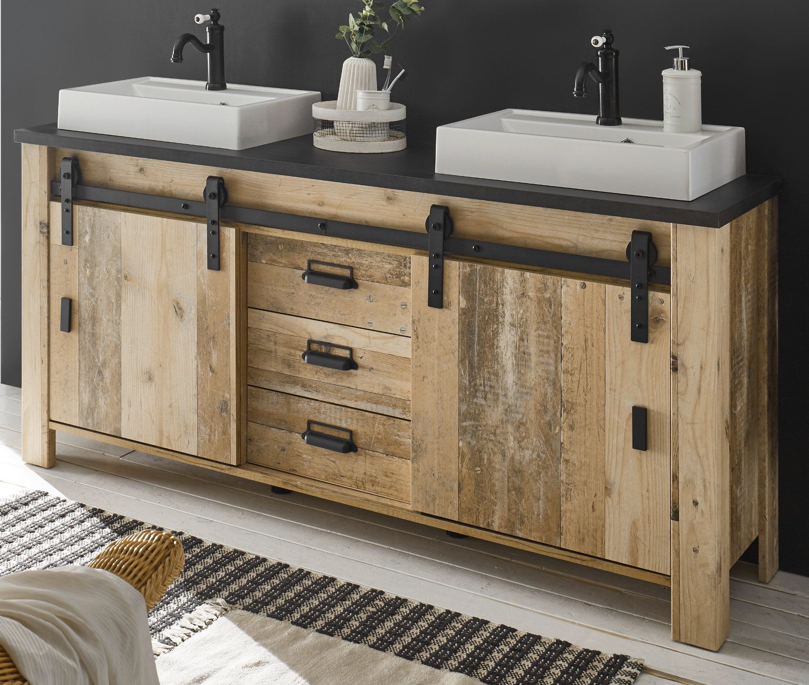 Furn.Design Doppelwaschtisch Stove (Waschtischunterschrank mit 2x Waschbecken, Breite 164 cm), mit Schiebetüren und Soft-Close